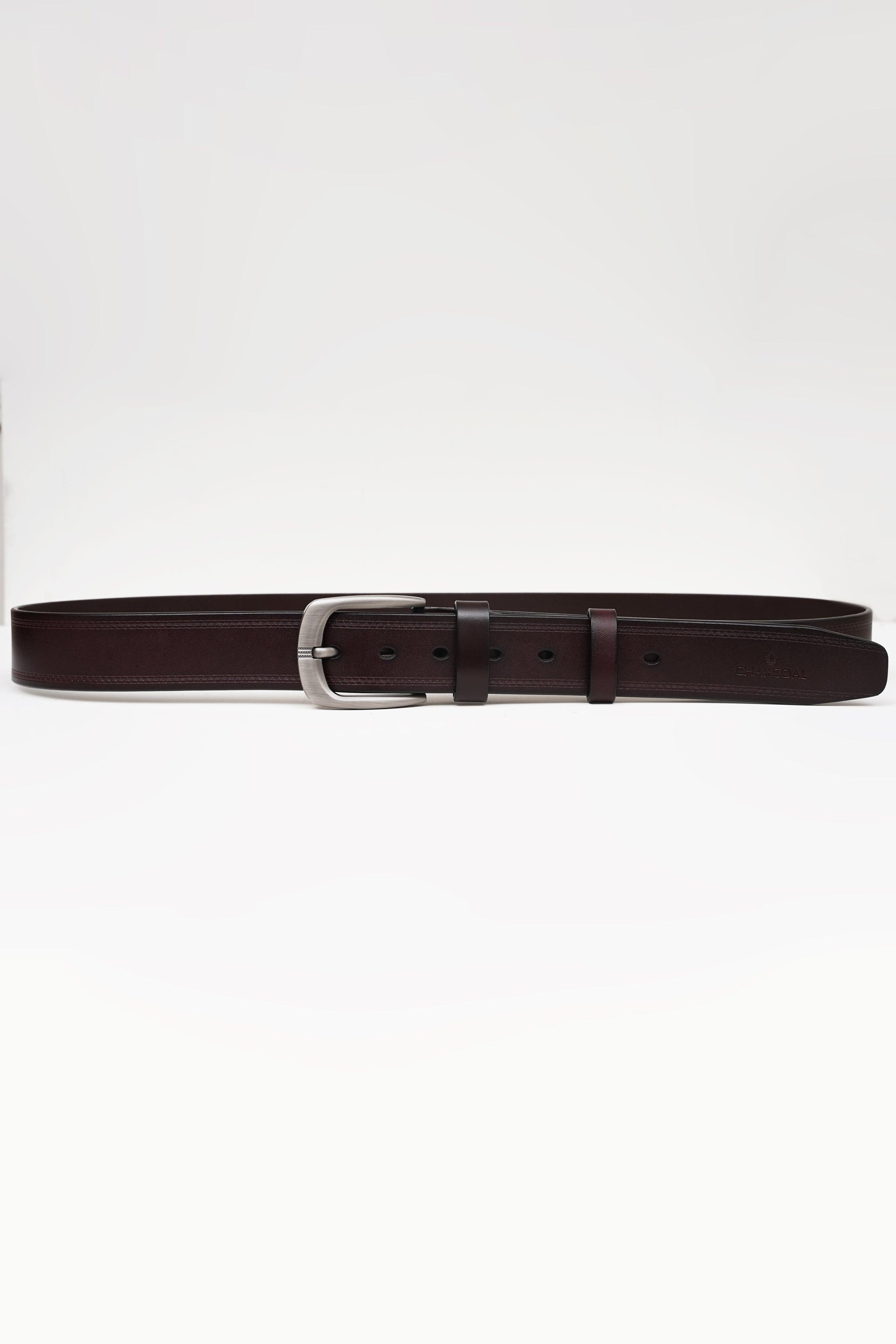Dark brown leather formal belt with silver-tone rectangular buckle