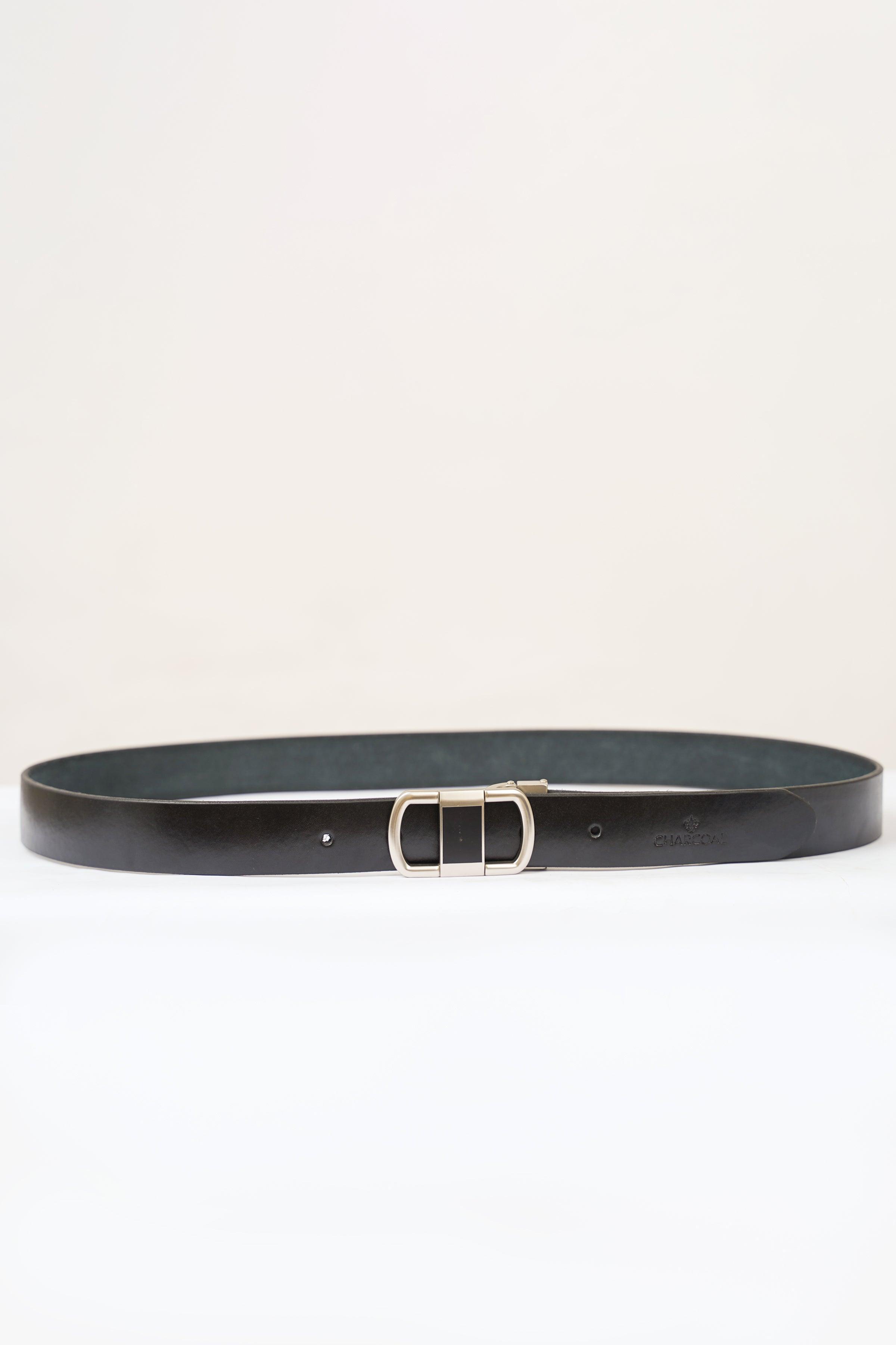 Dark formal belt with silver buckle and twin bars