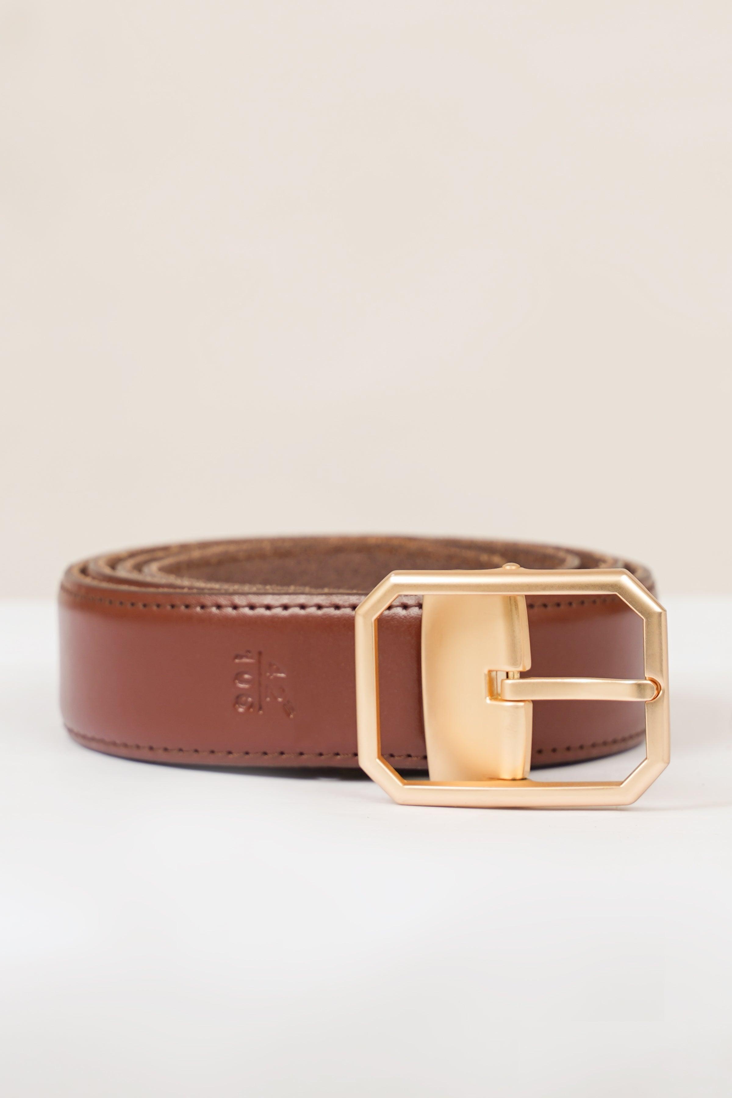 Brown leather belt with wide gold-tone buckle and stitched keeper loop