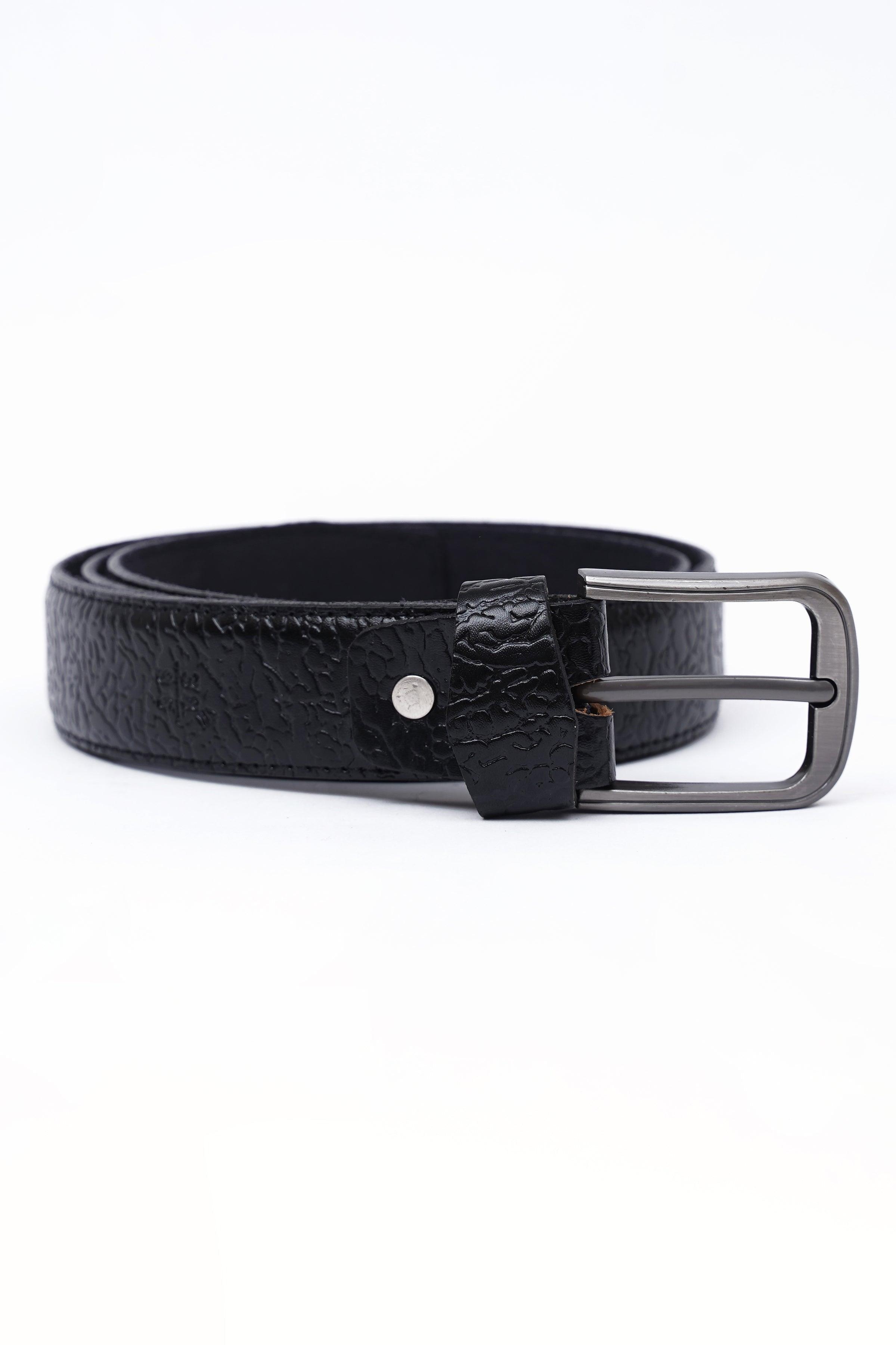 Black leather belt with square keeper and brushed metal buckle