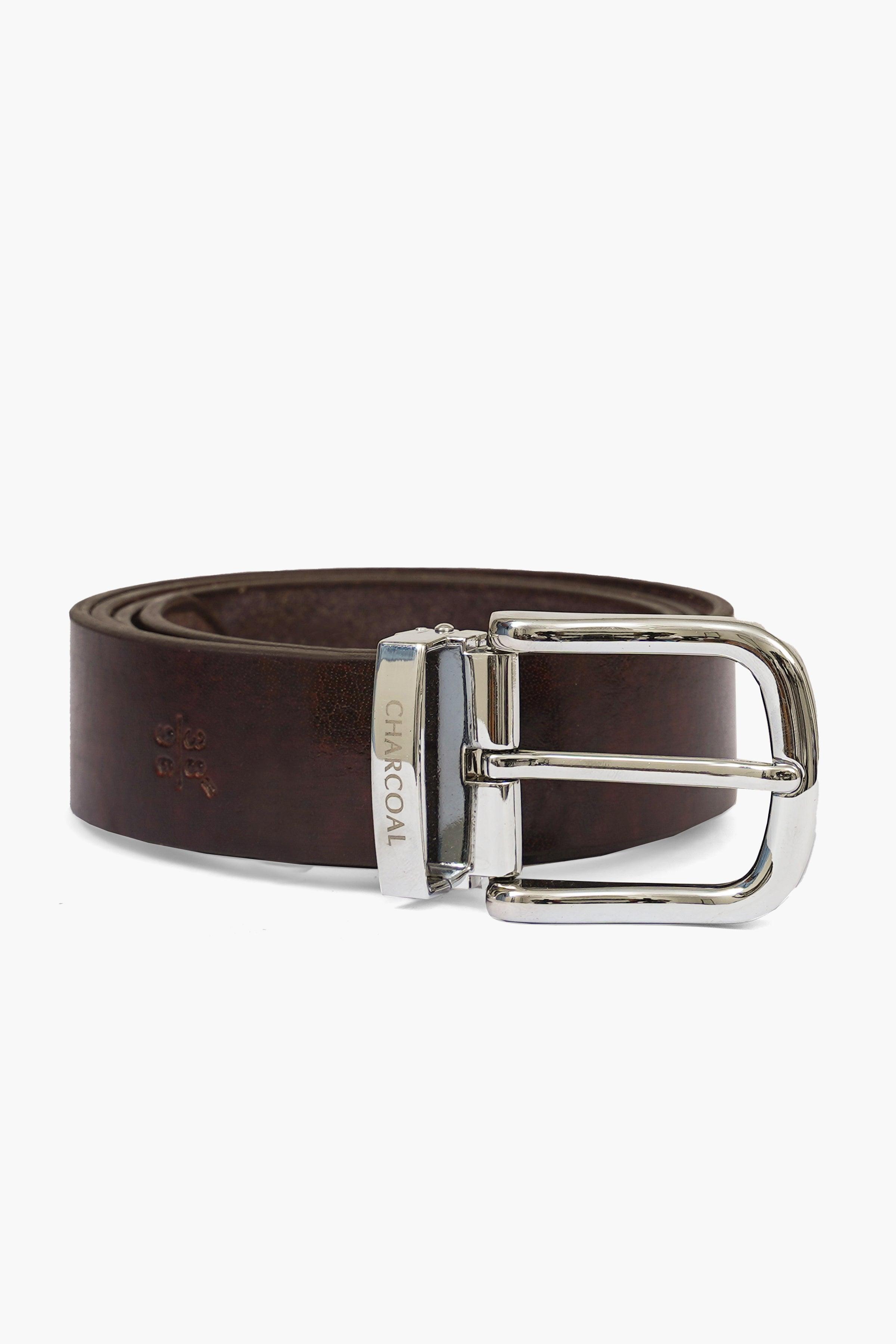Brown leather belt with rectangular silver buckle and embossed logo