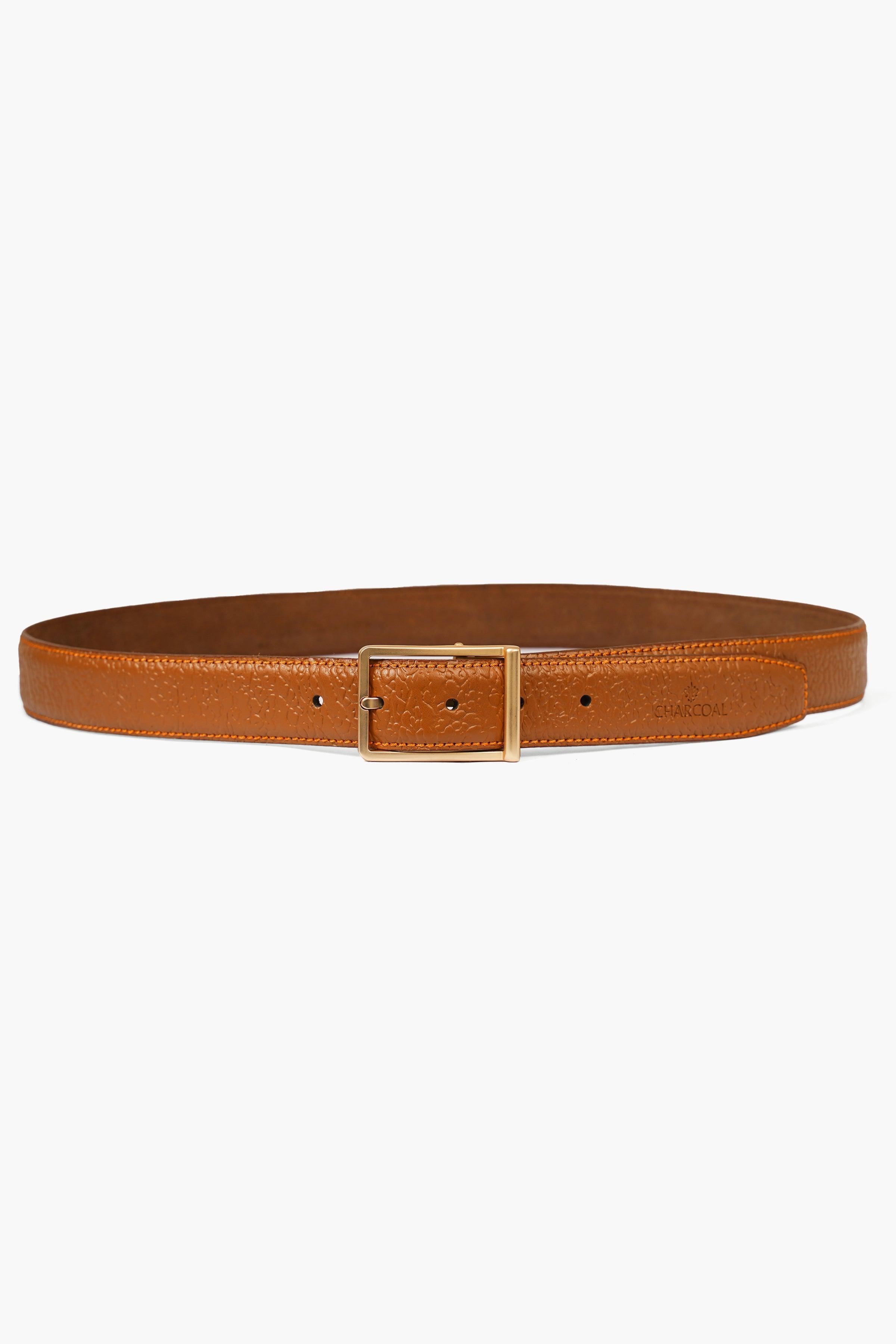Brown leather belt with gold-tone buckle and center keeper on strap