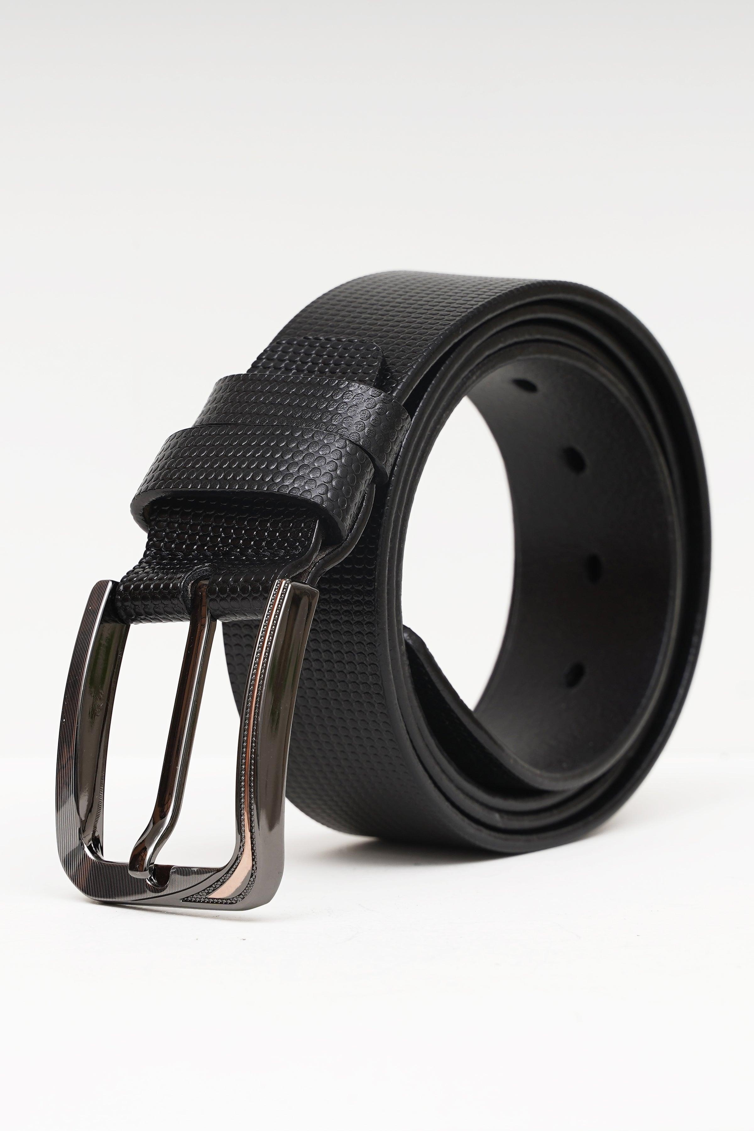 Black textured formal belt with silver-tone buckle and multiple adjustment holes