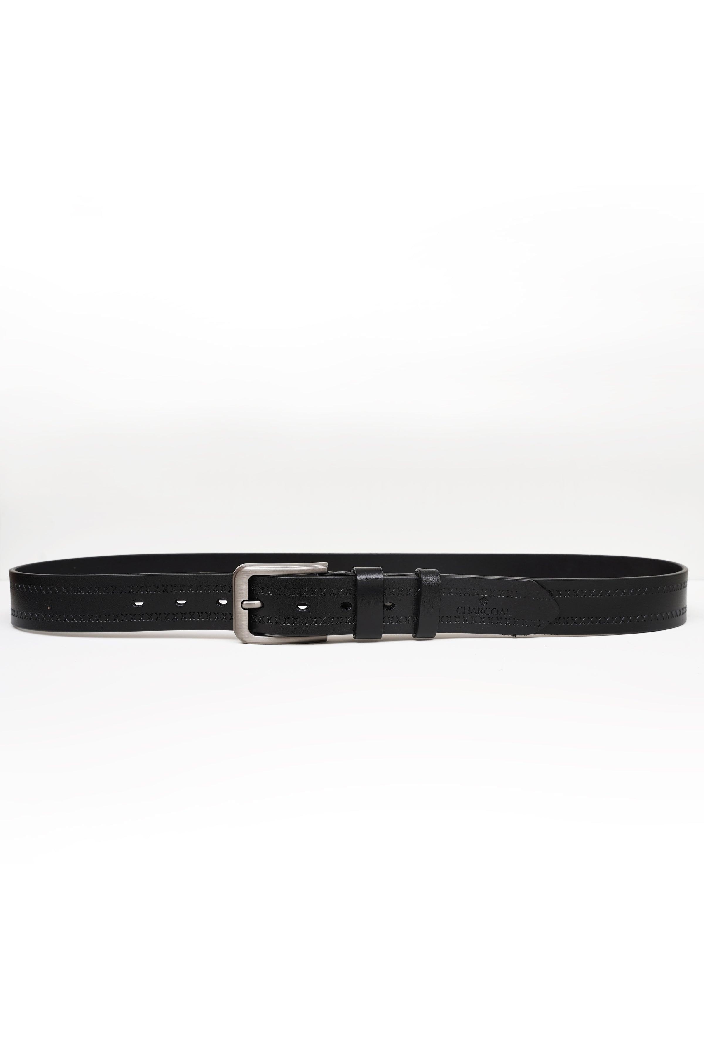 Black dress belt laid flat with silver rectangular buckle and multiple adjustment holes.