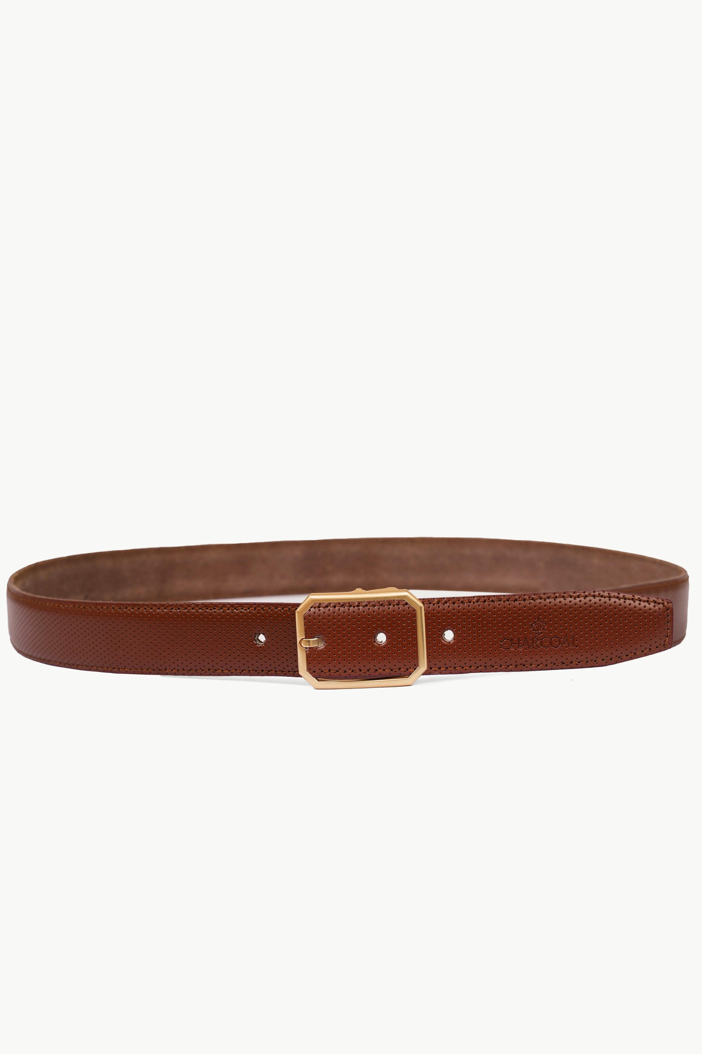 Brown leather belt laid flat with gold square buckle and small keeper