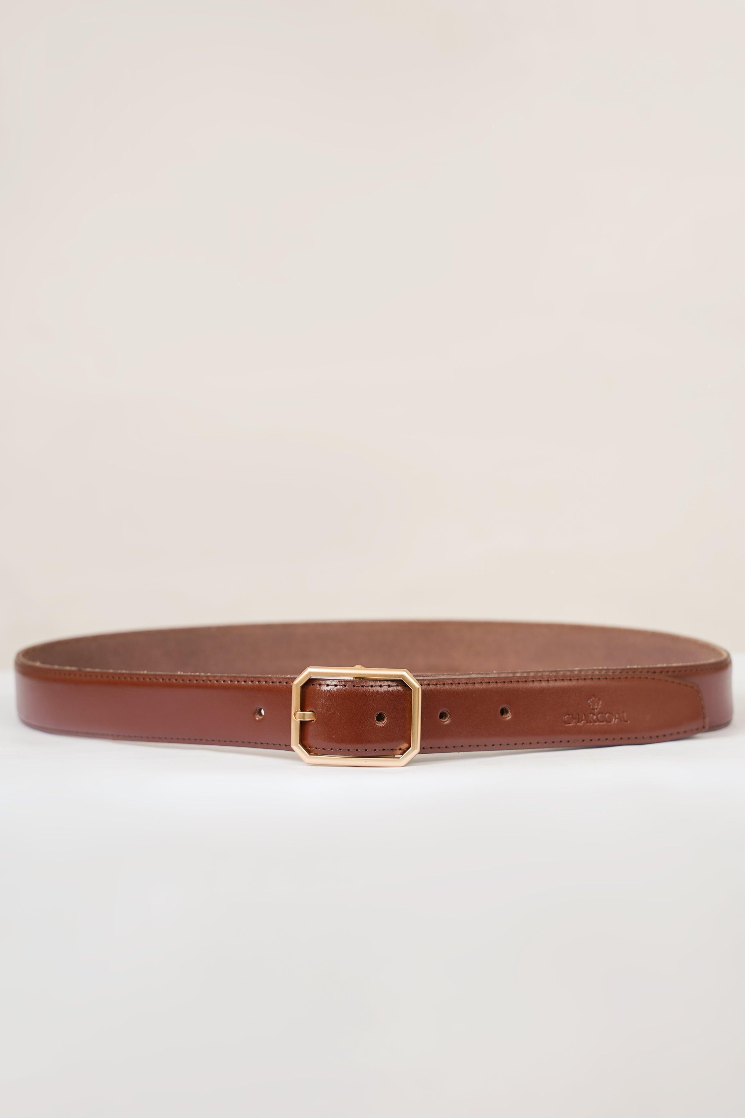 Brown leather belt with gold buckle, centered keepers and punched holes