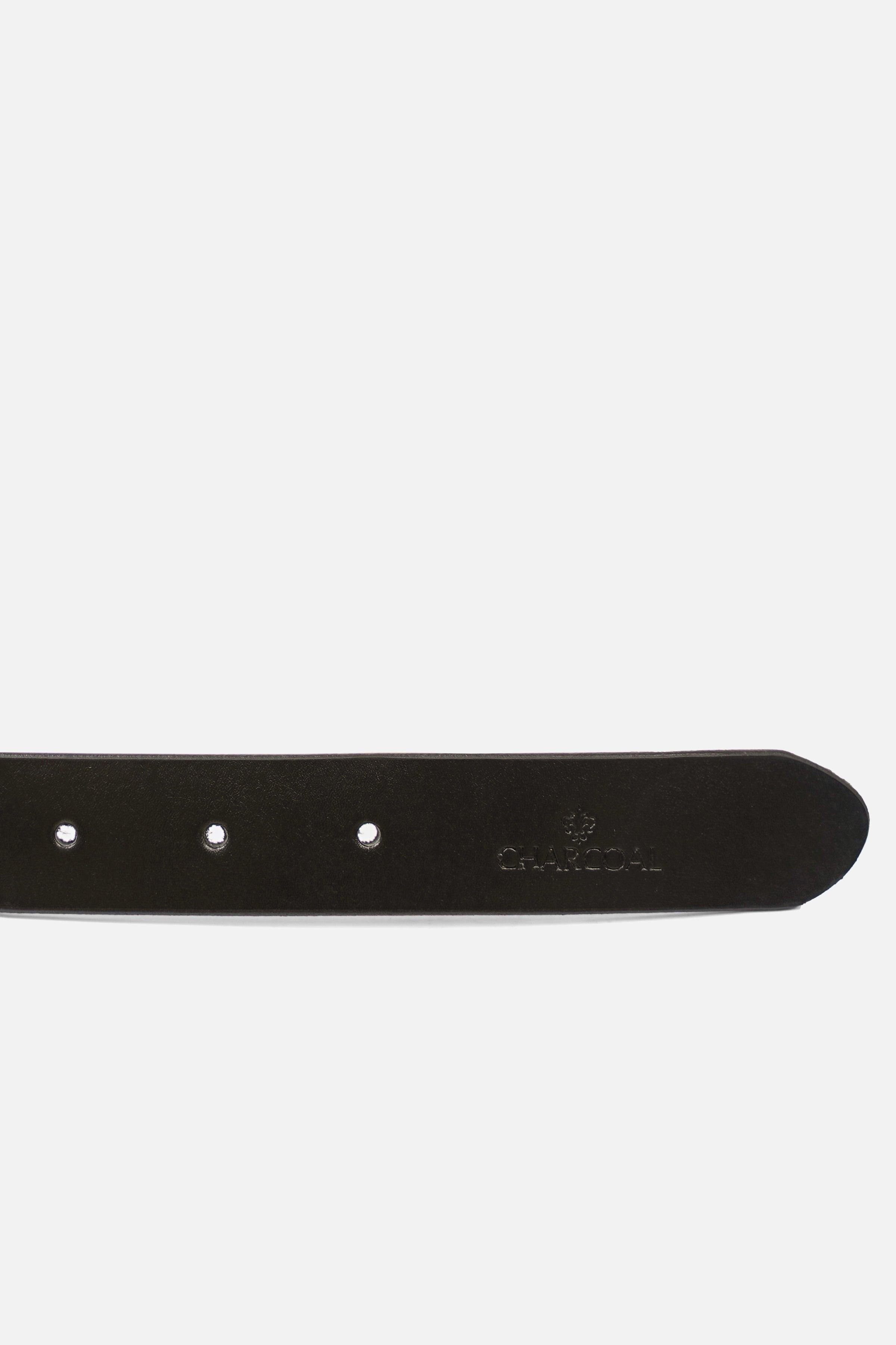 Dark belt strap end with four metal holes and embossed logo