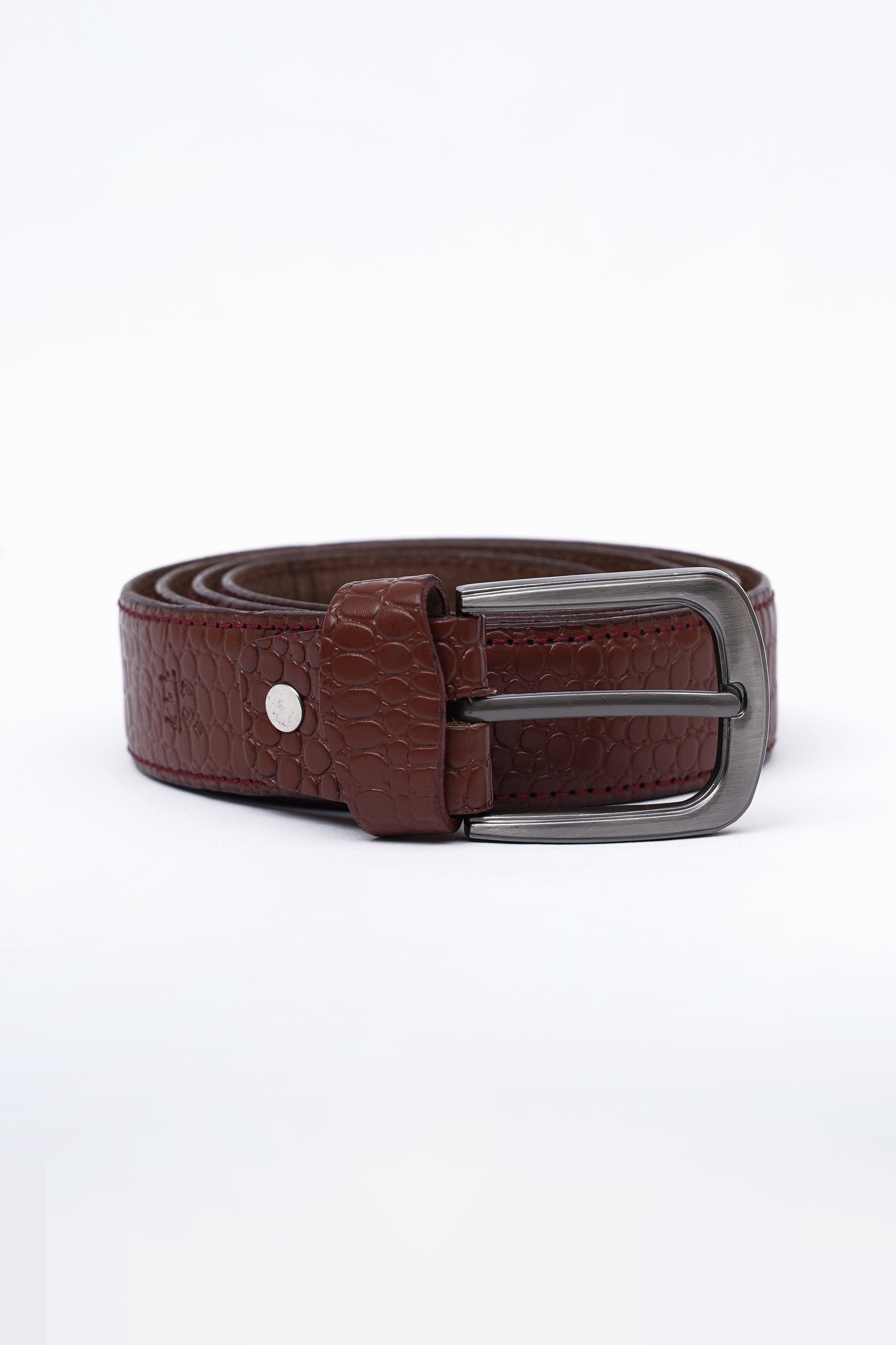 Brown leather belt with round holes and silver-tone rectangular buckle