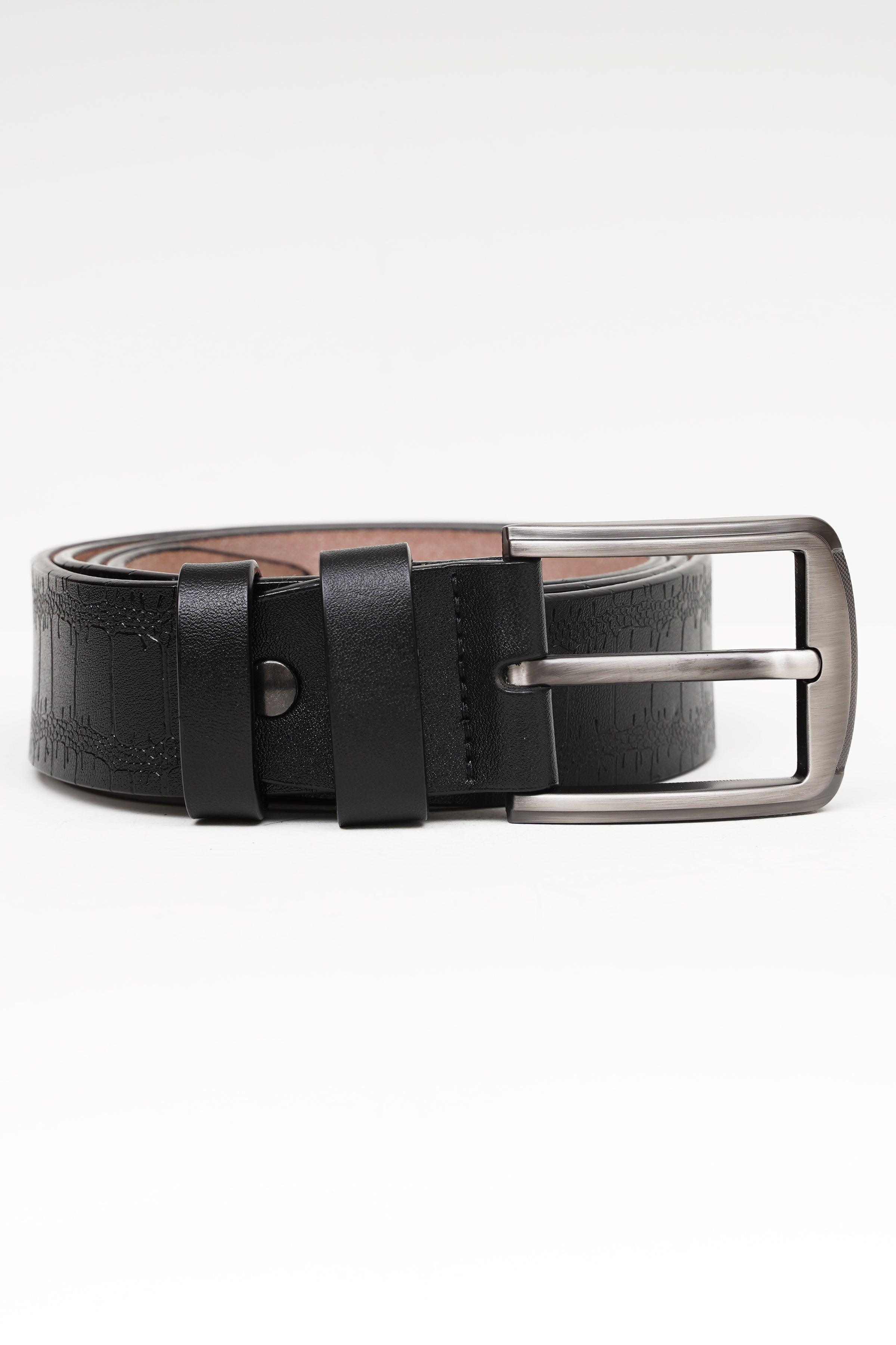 Black belt with silver rectangular buckle and multiple adjustment holes
