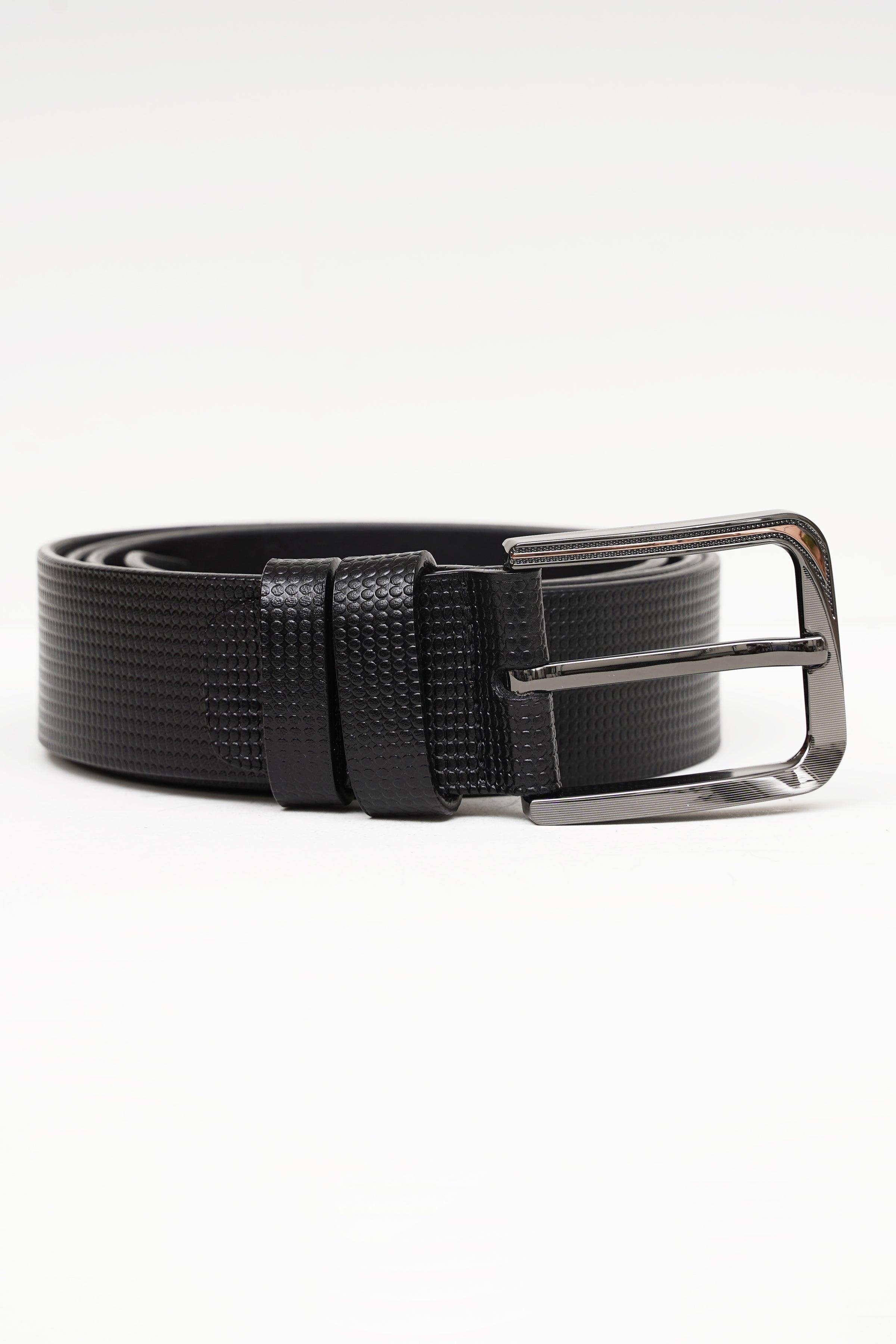 Black formal belt with woven texture and rectangular silver-tone buckle