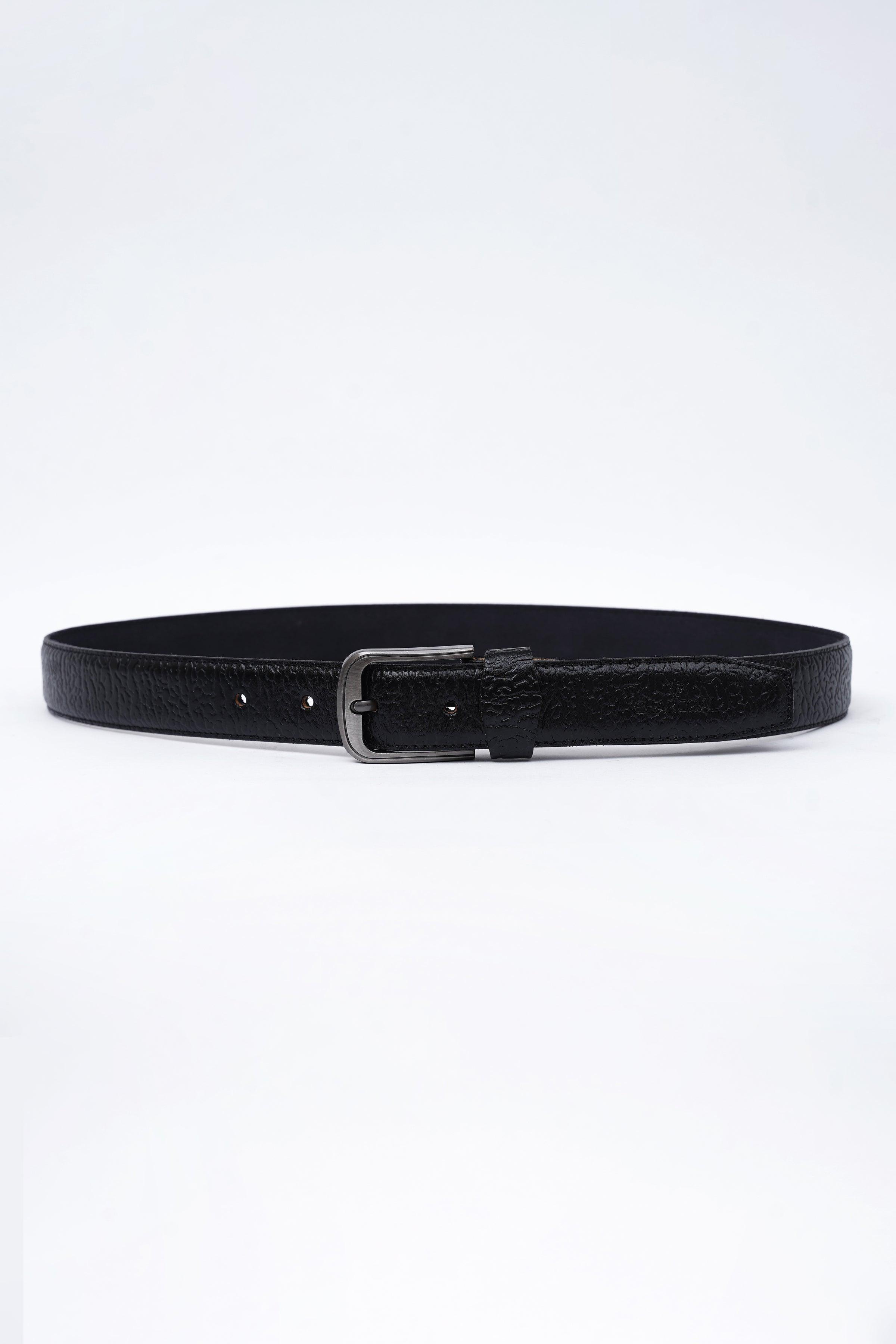 Black textured leather belt with rectangular metal buckle and keeper