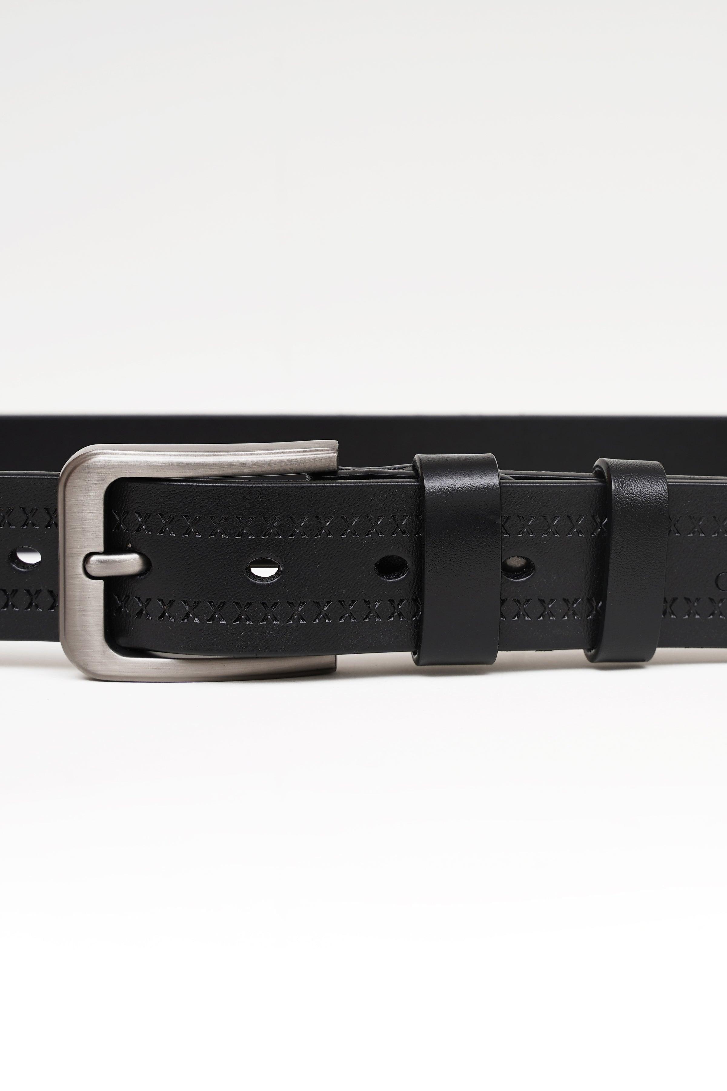 Black belt with silver buckle and embossed texture, showing adjustment holes on strap.