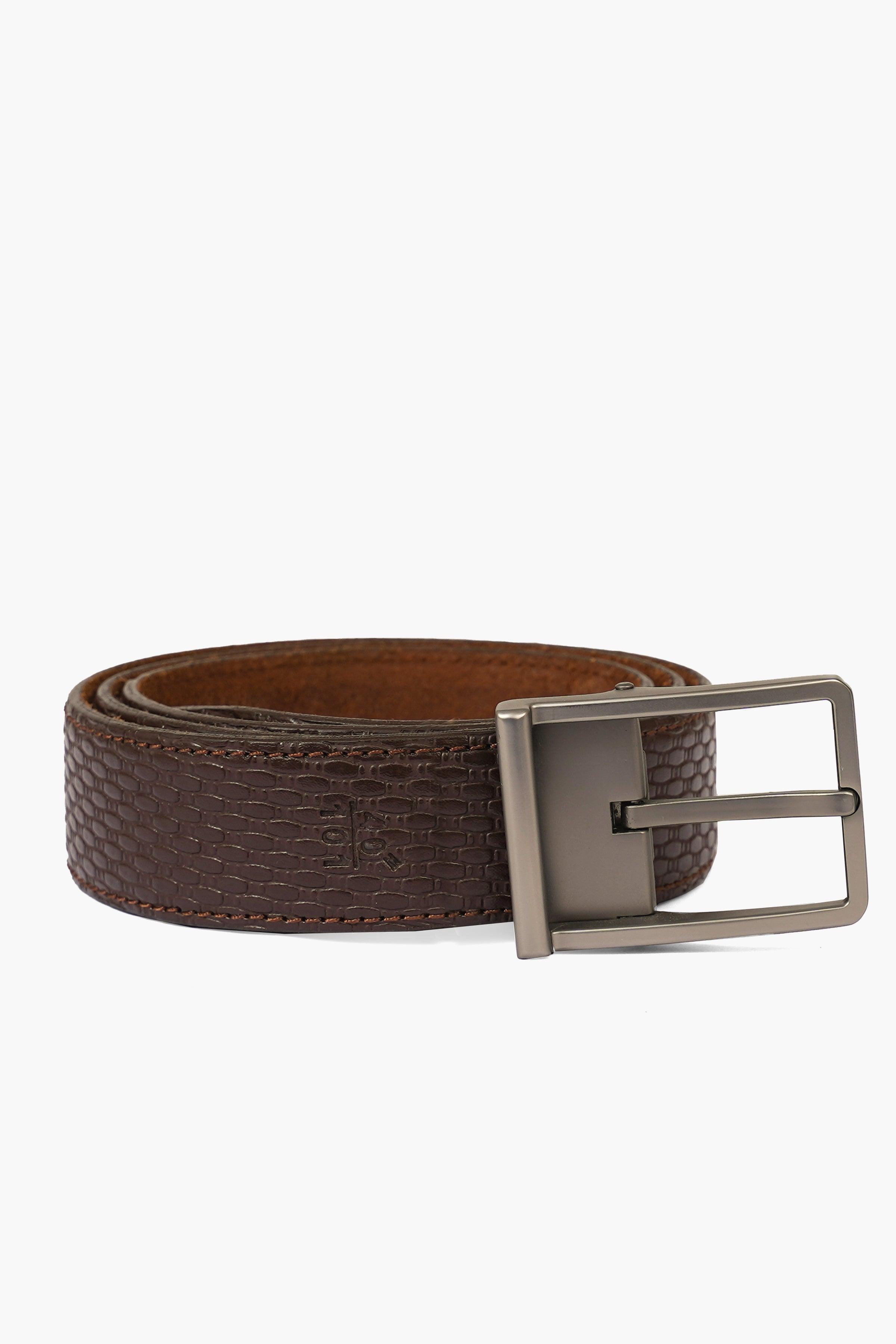 Brown embossed leather belt with silver square buckle and stitched keeper