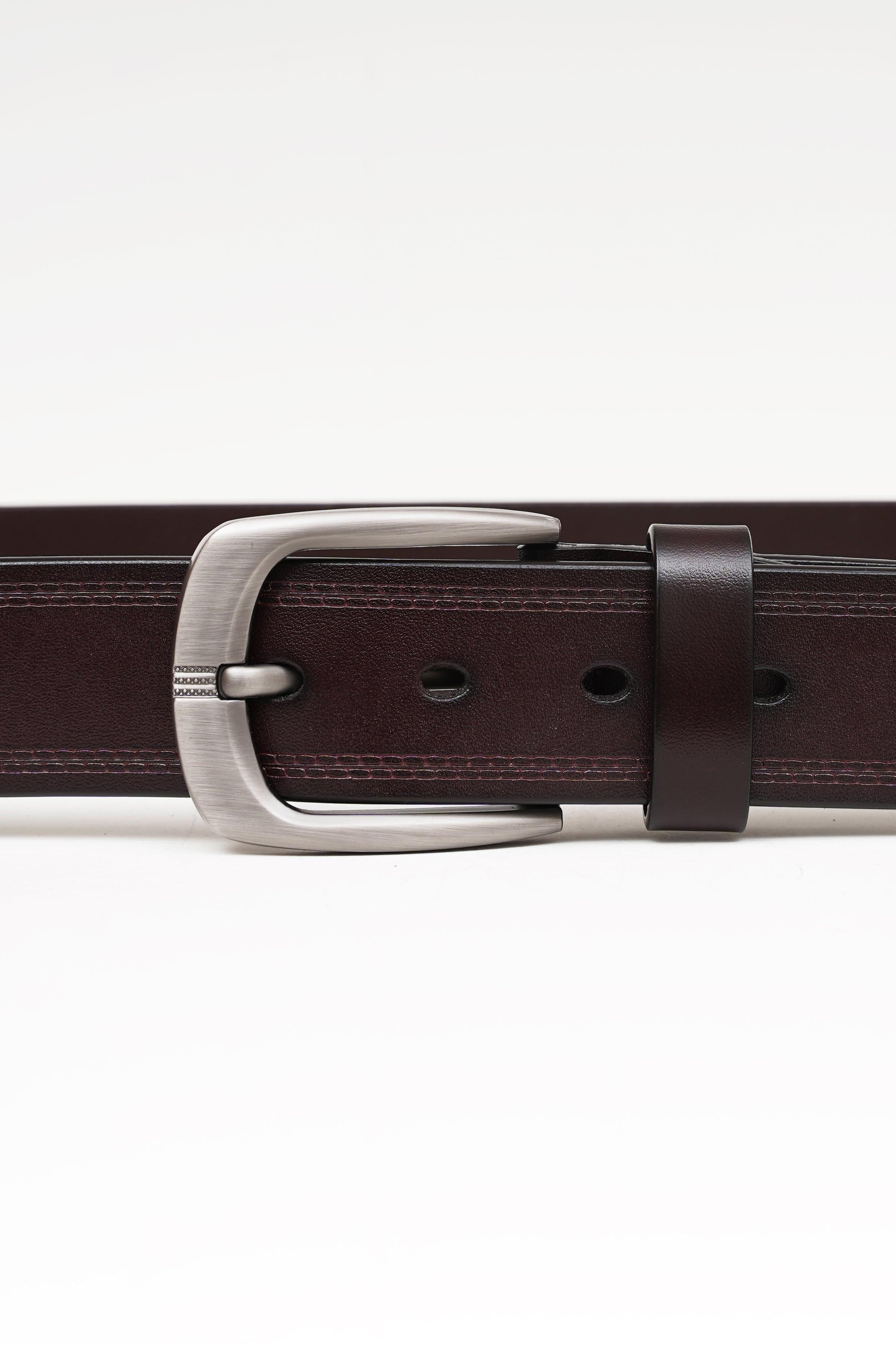 Dark brown leather belt with silver-tone buckle and dark keeper strap