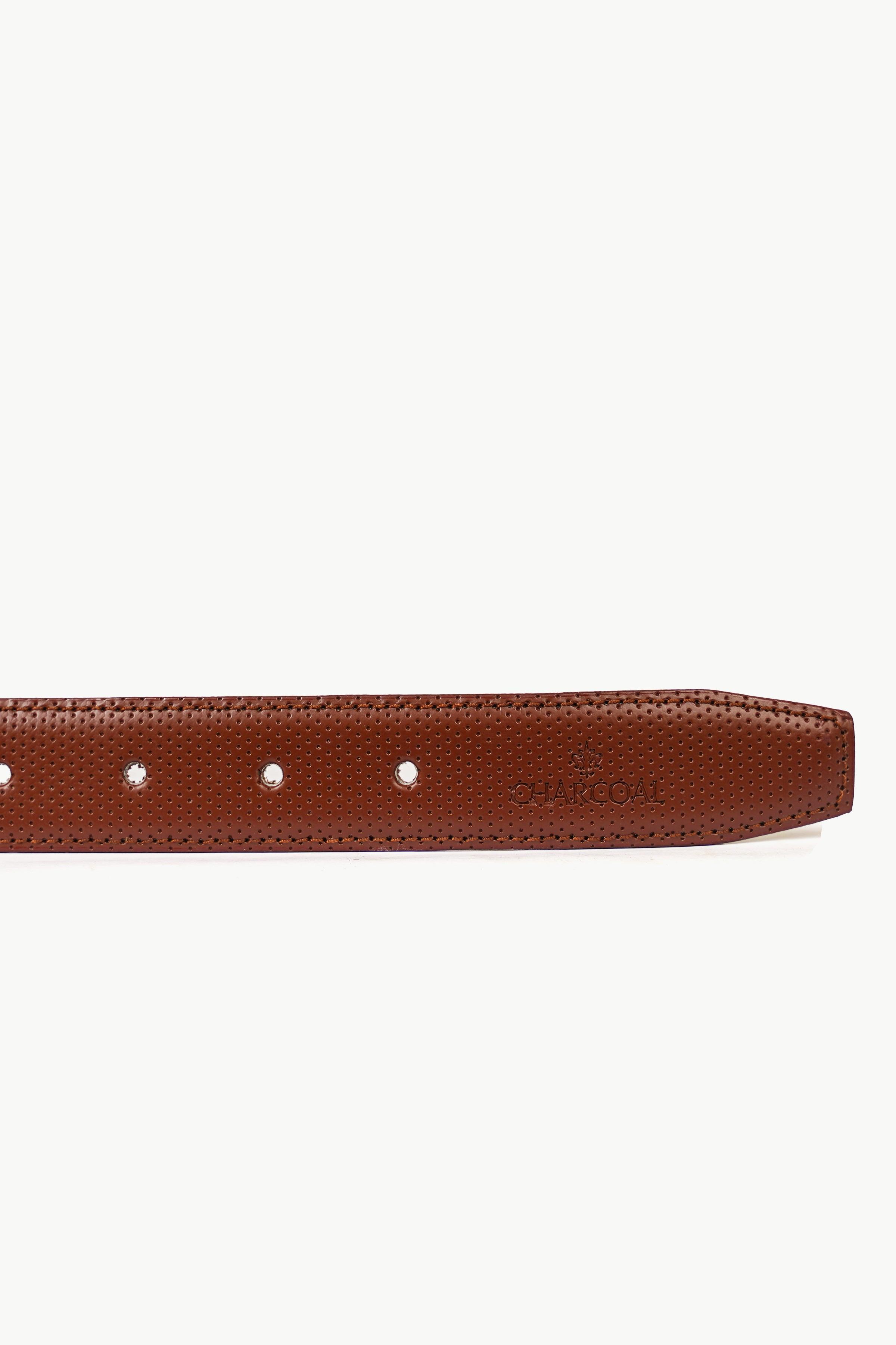 Brown leather belt strap detail with punched holes along the edge