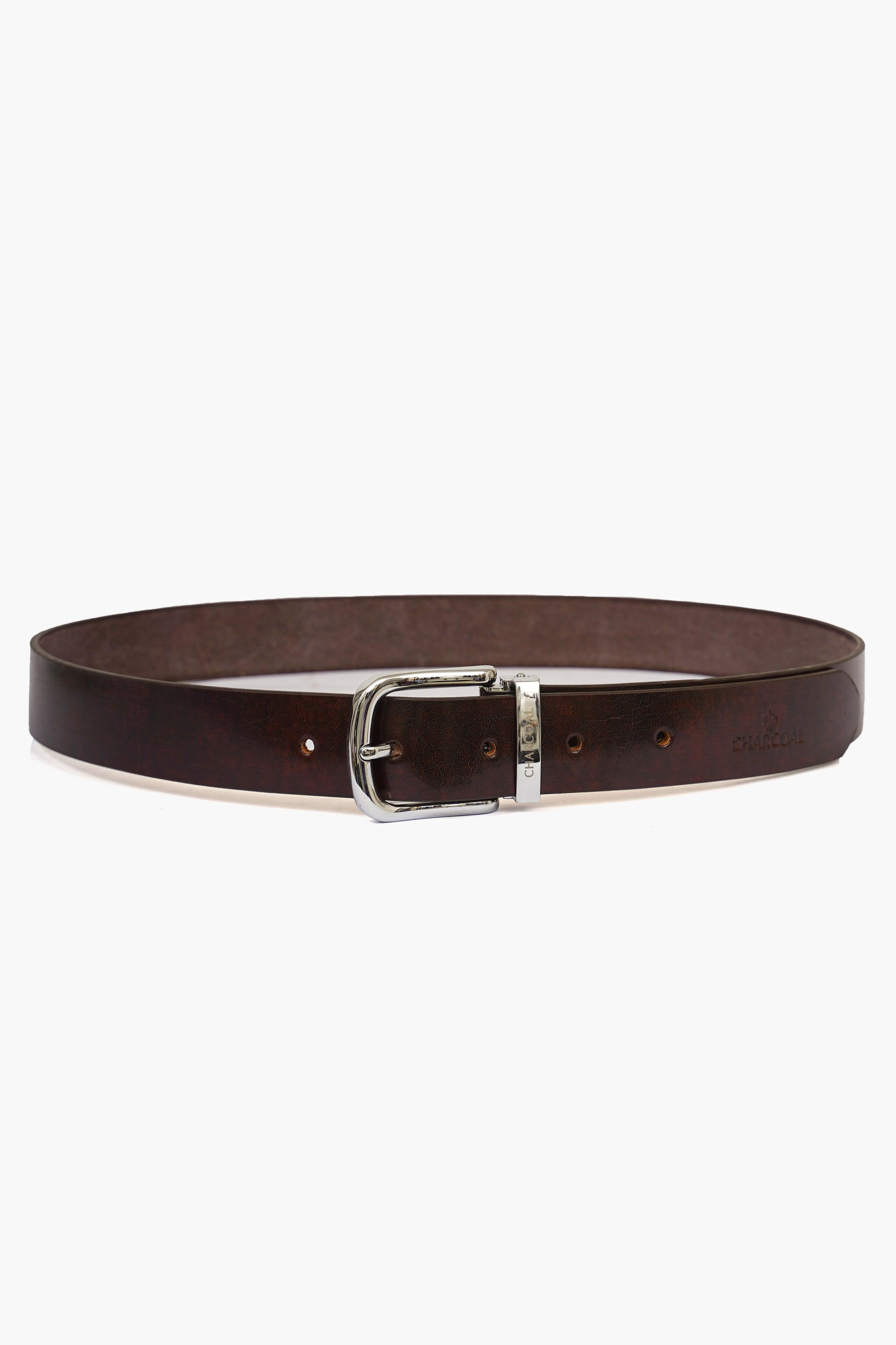 Brown leather belt with silver metal buckle and visible holes