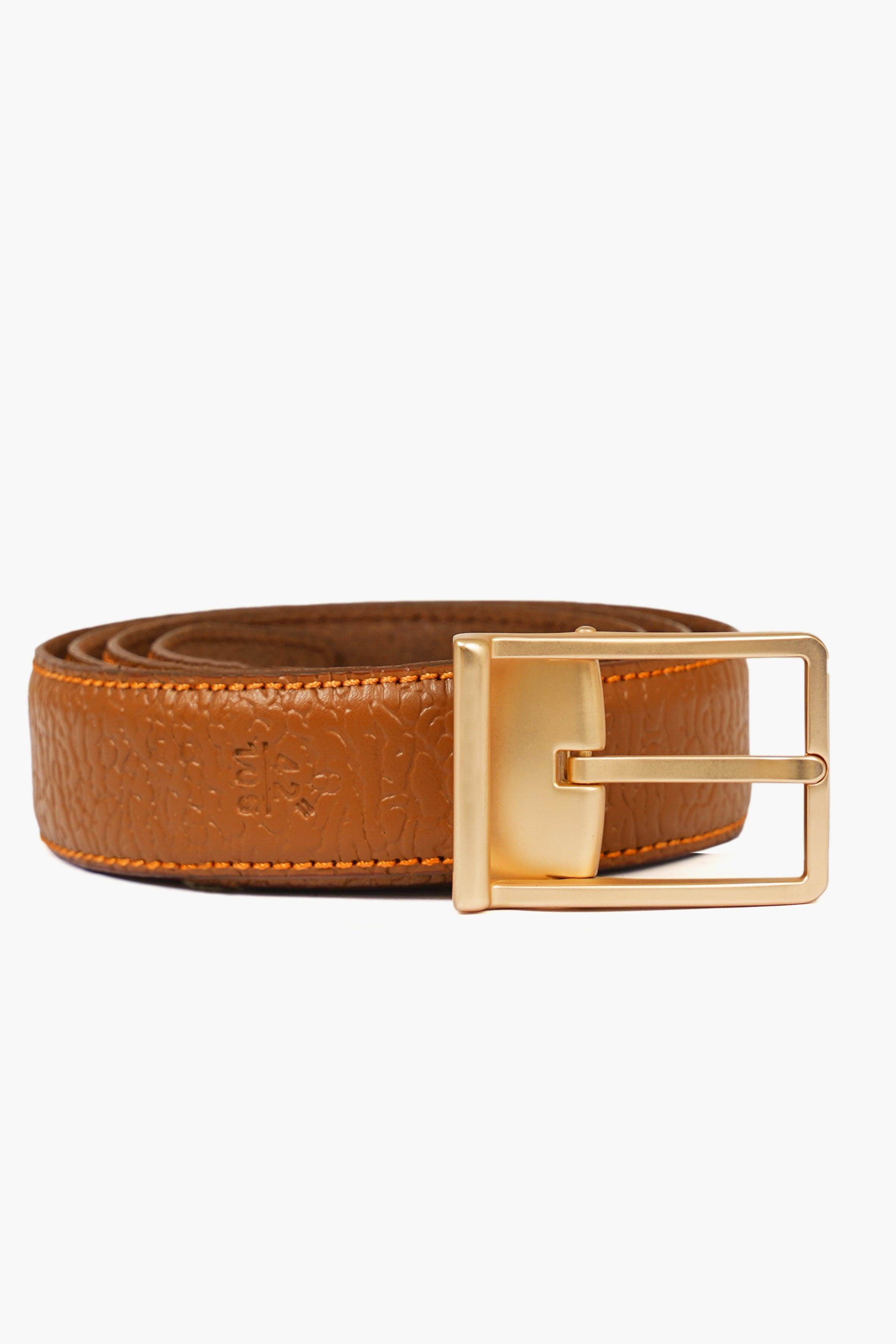 Brown leather belt with gold buckle, stitched edge, and belt keeper