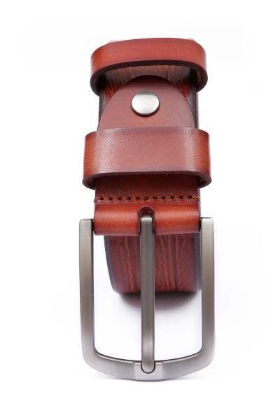 Formal belt with brown leather strap and silver metal buckle, single prong