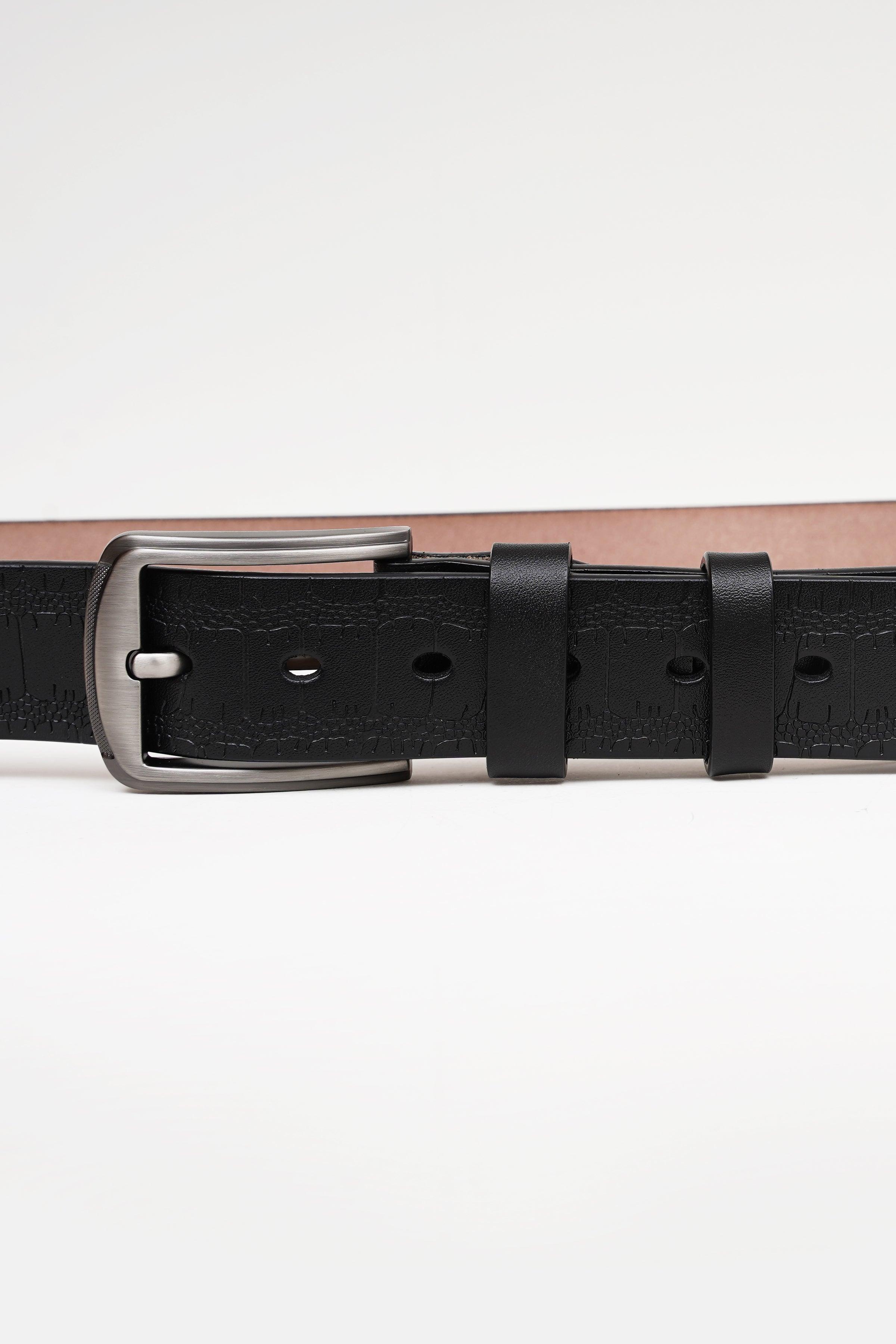 Black leather-look belt with silver buckle and two keeper straps