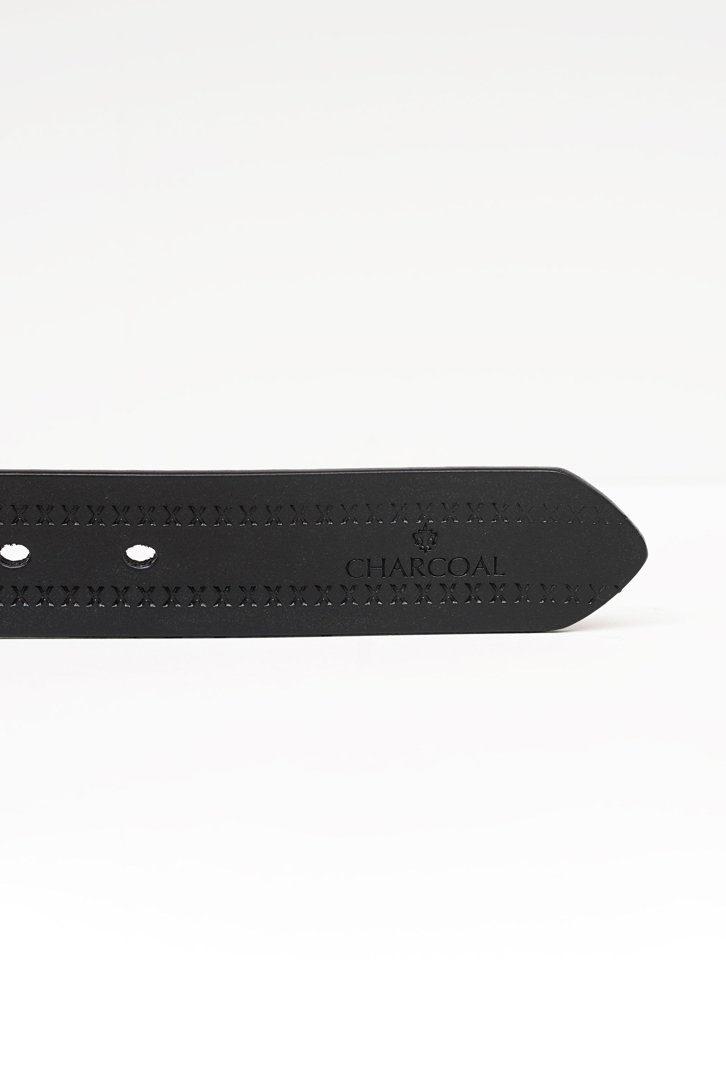 Black belt strap end with embossed pattern and stitched edge detail.