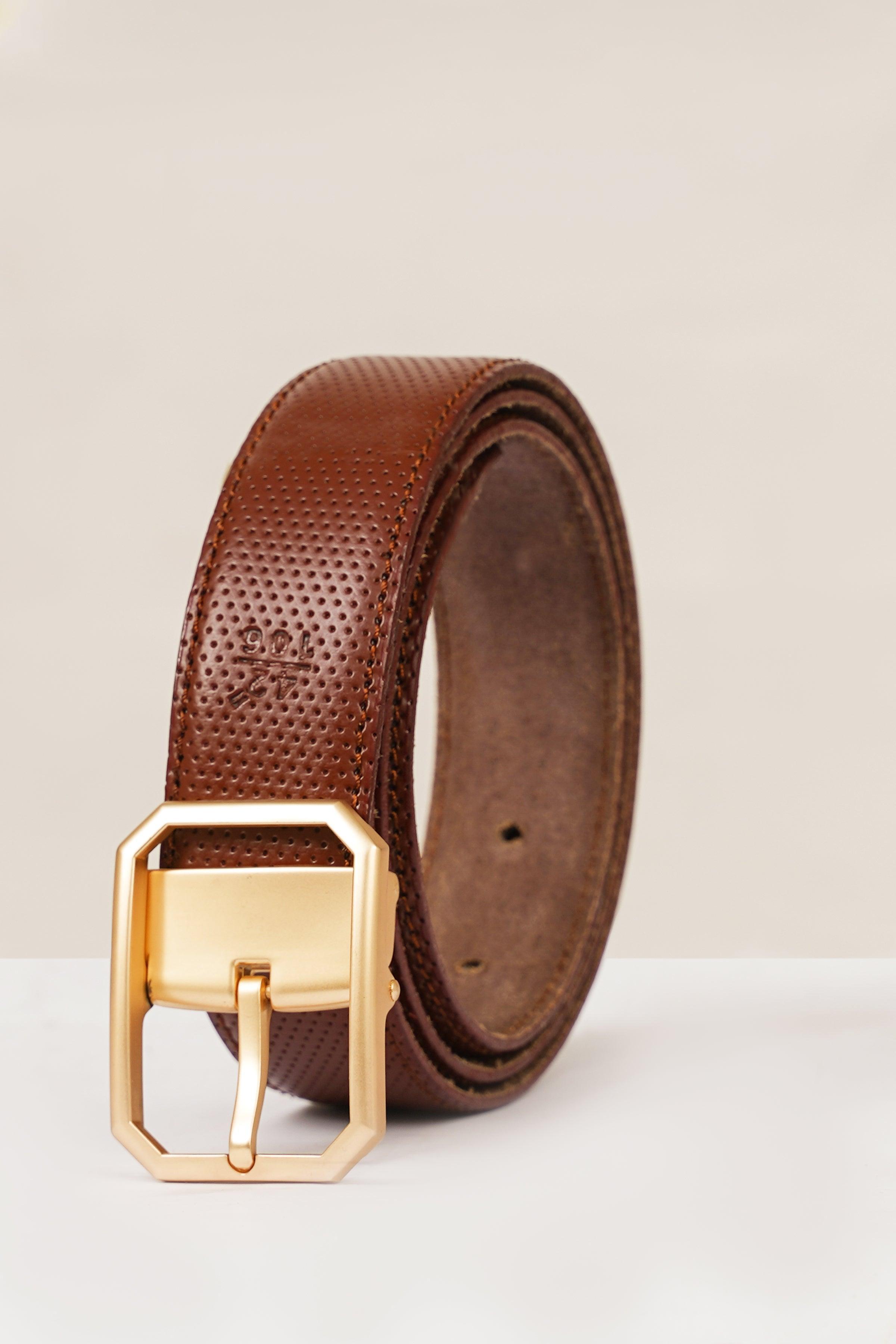 Brown leather formal belt with octagonal gold buckle and textured strap