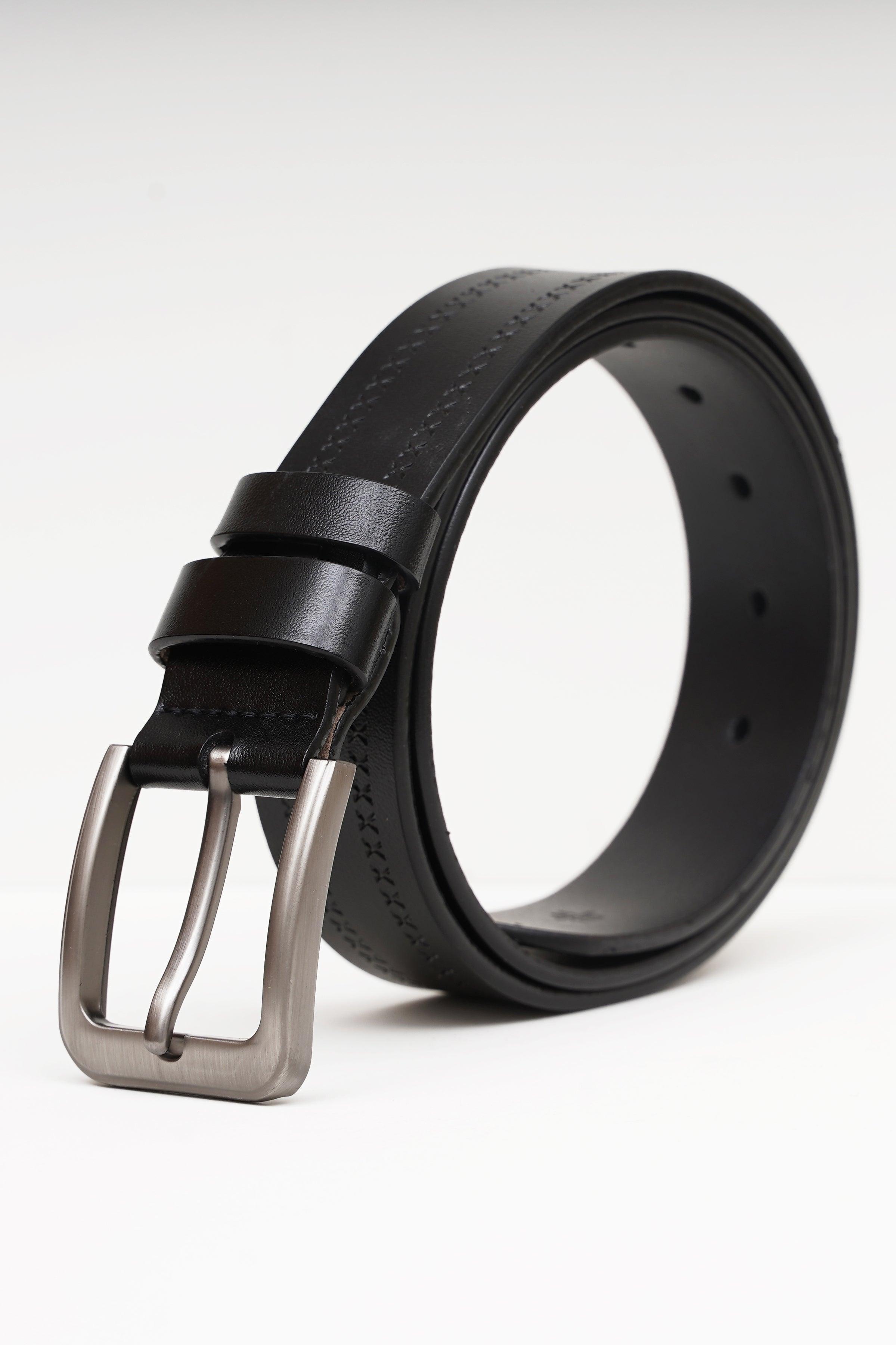 Black formal leather belt with silver buckle and punched holes, adjustable strap.