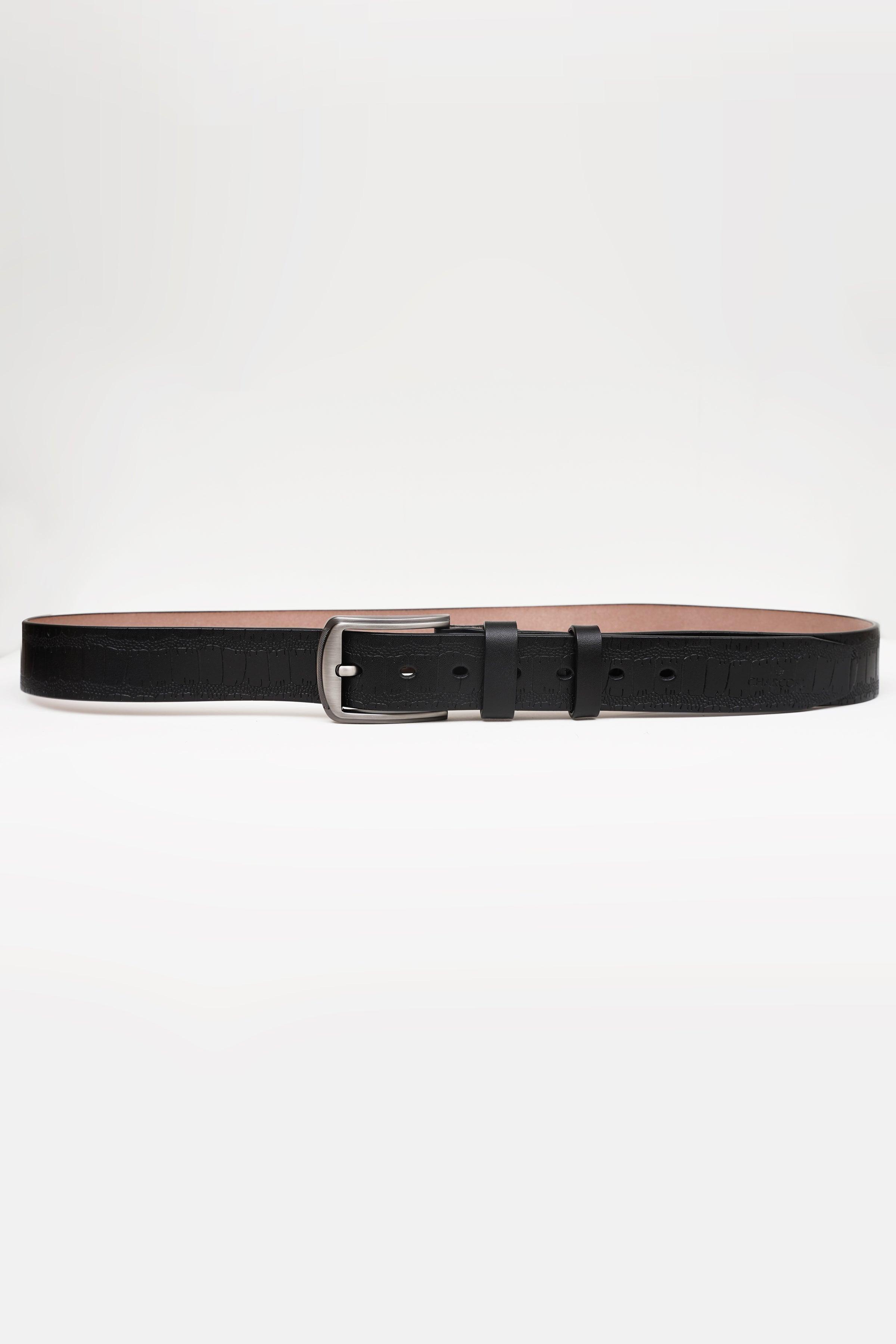 Black formal belt with silver buckle and keeper strap loops