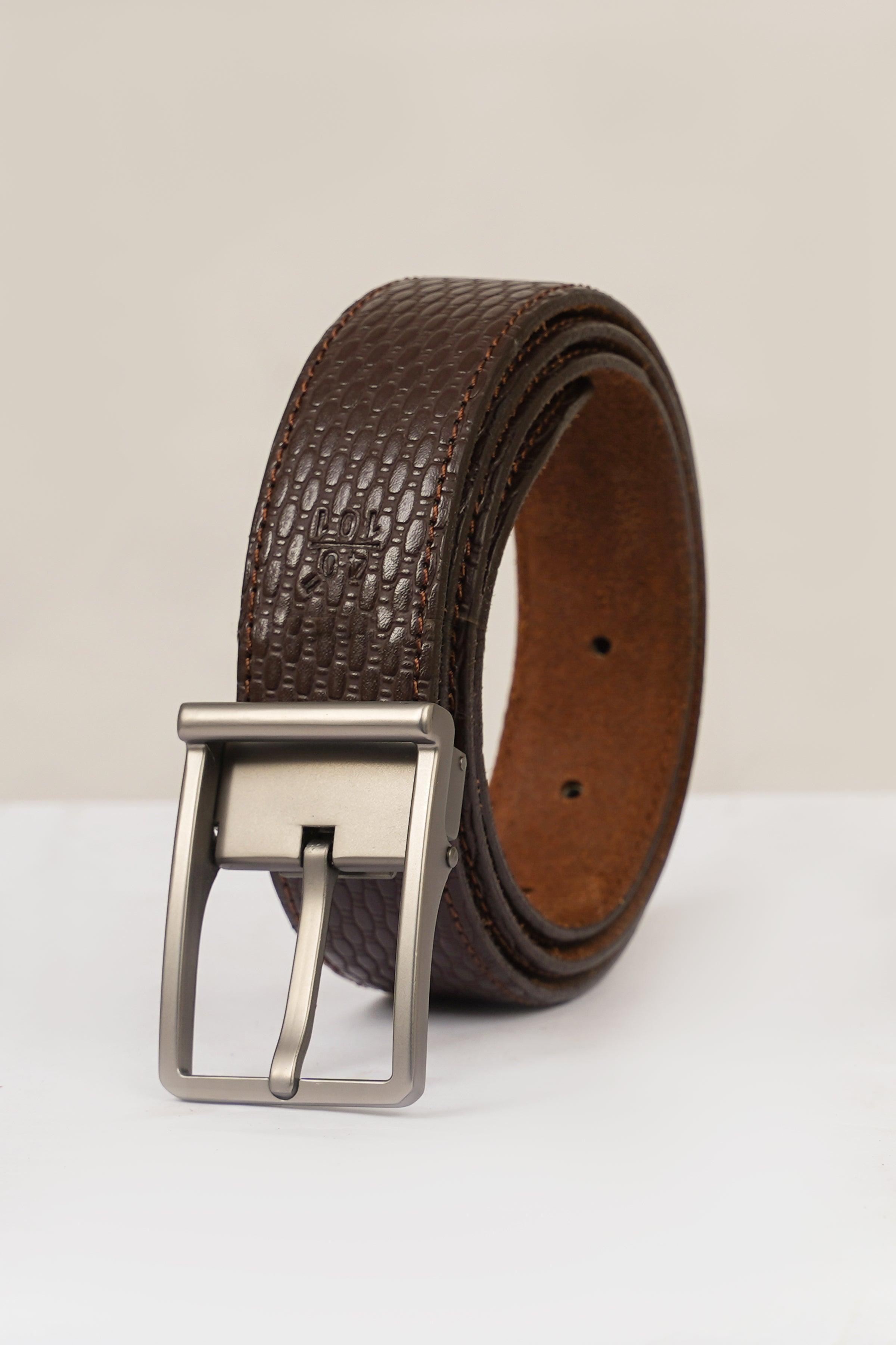 Brown embossed leather formal belt with silver rectangular buckle and keeper