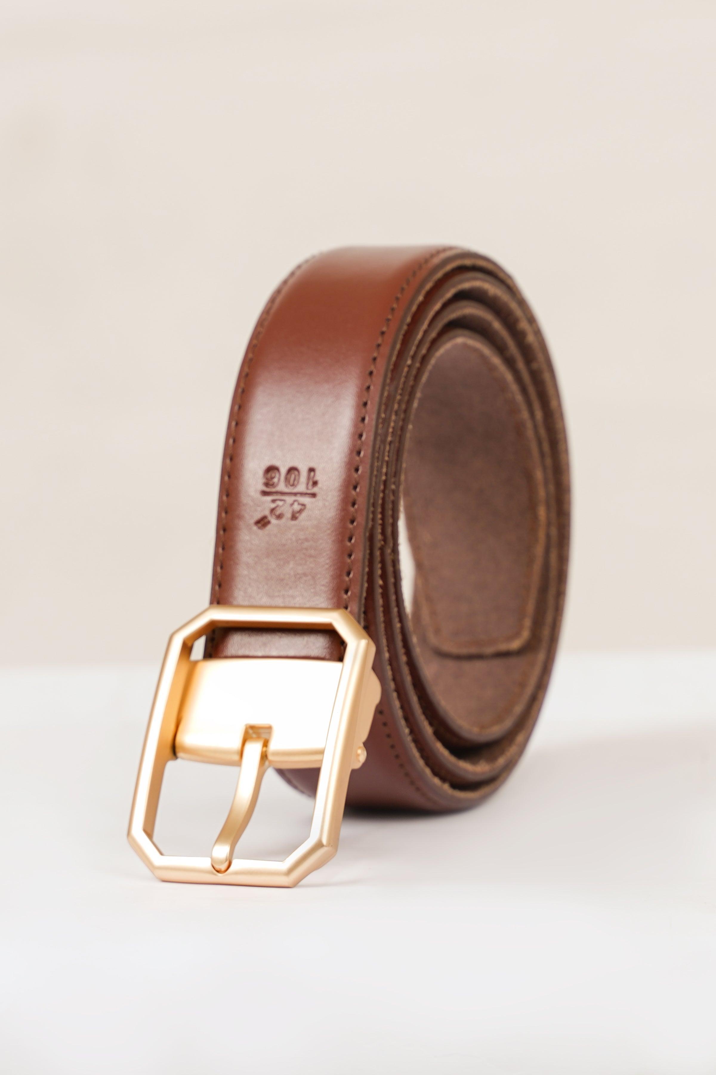 Brown leather formal belt with gold-tone buckle and stitched edge