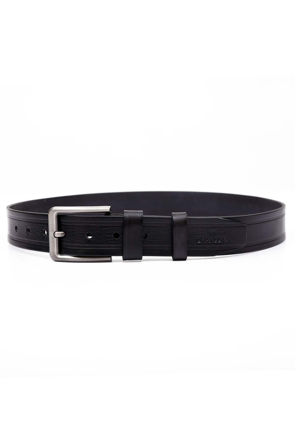 Formal dark leather belt with silver buckle and adjustable punched holes.