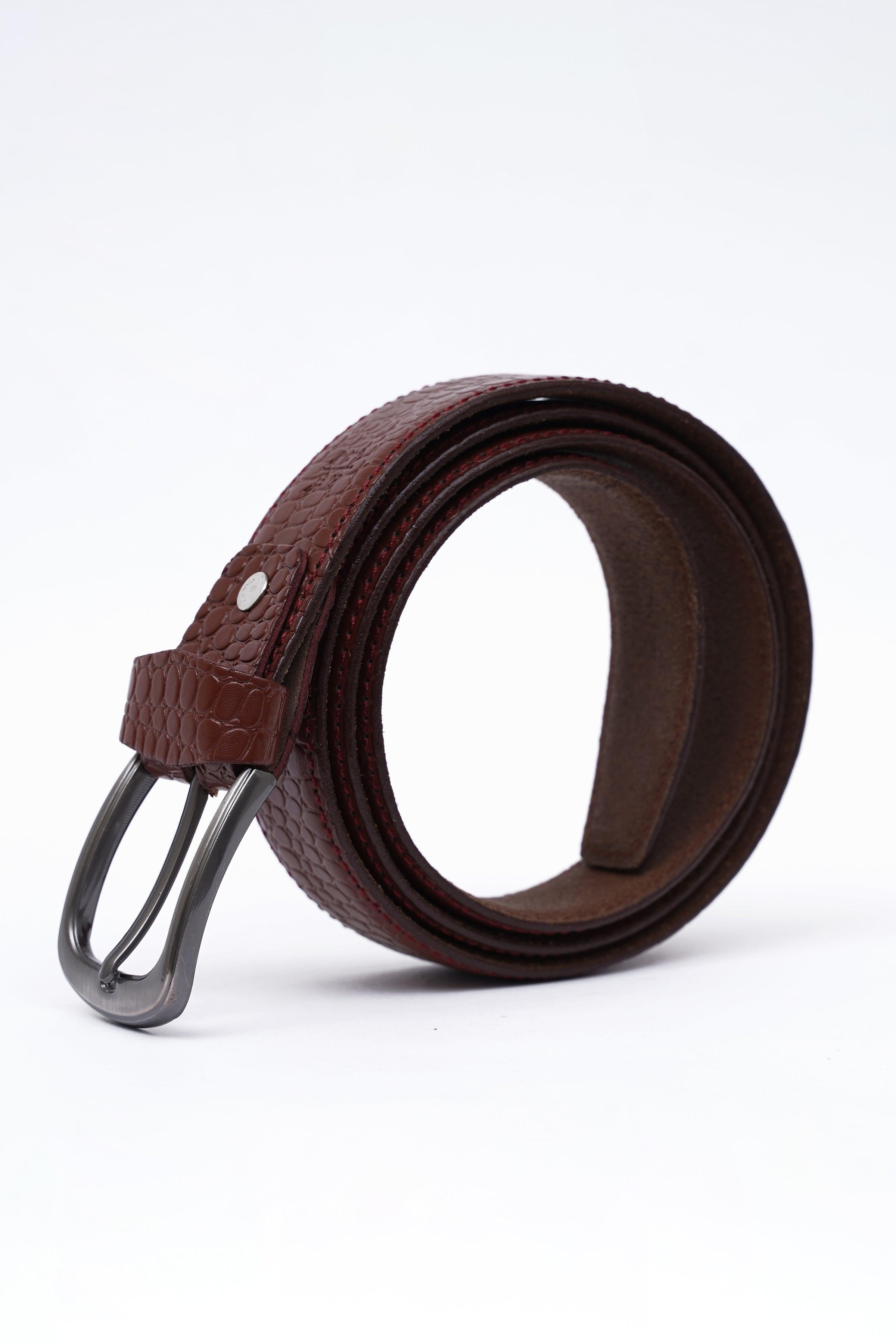 Brown leather formal belt with metal buckle and end loop