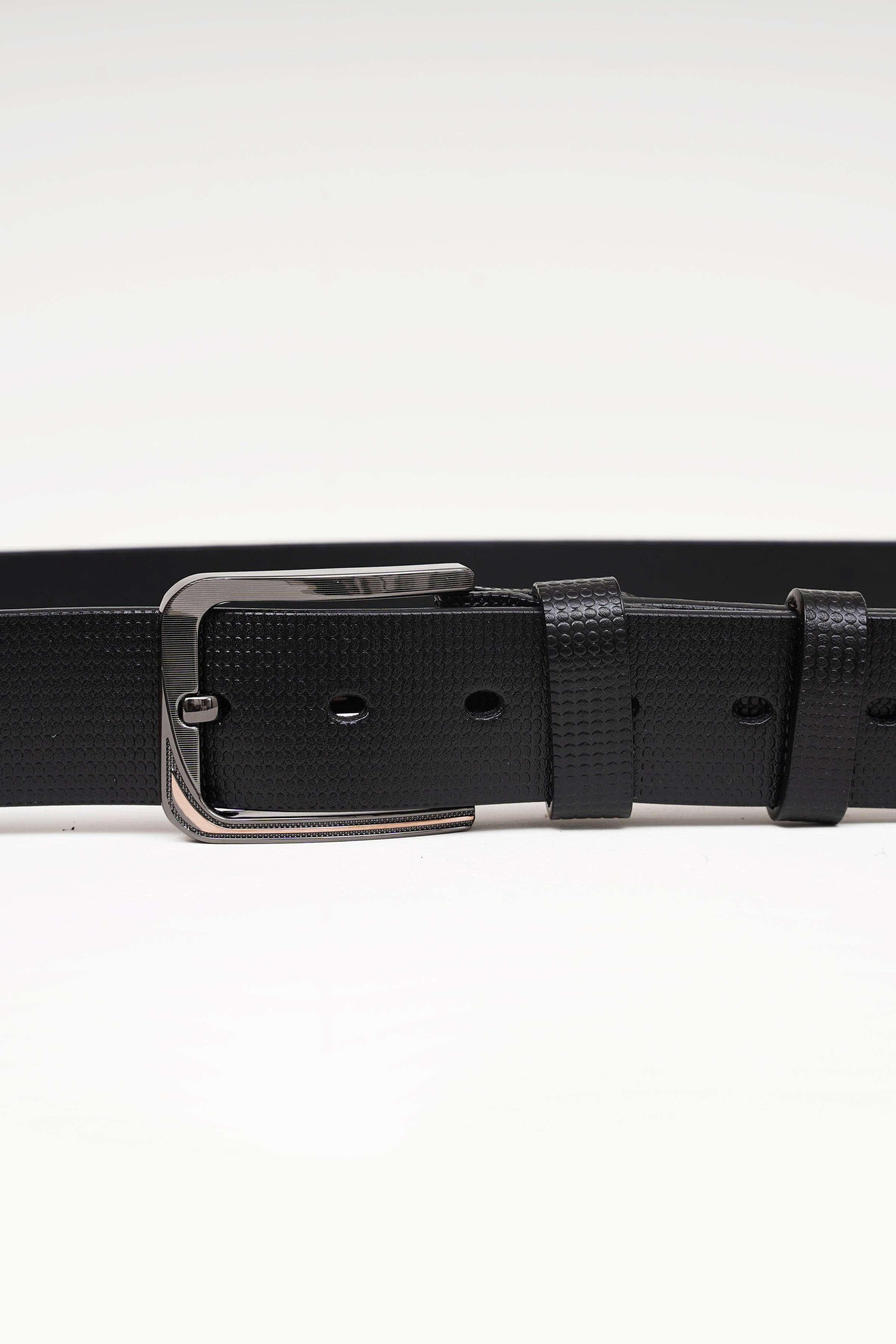 Black formal belt with rectangular metal buckle and adjustment holes