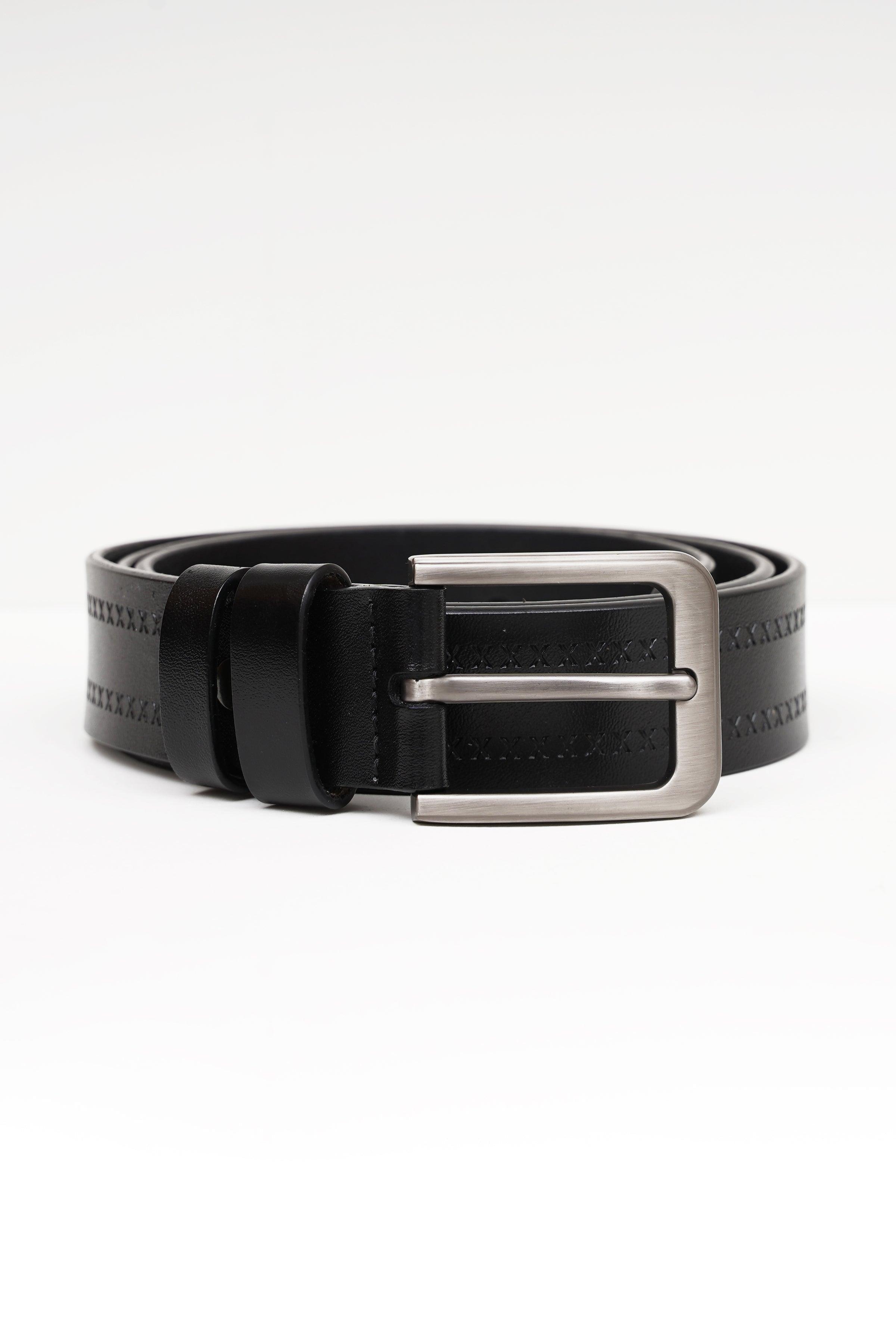 Black leather belt with silver buckle and embossed detailing along the strap.