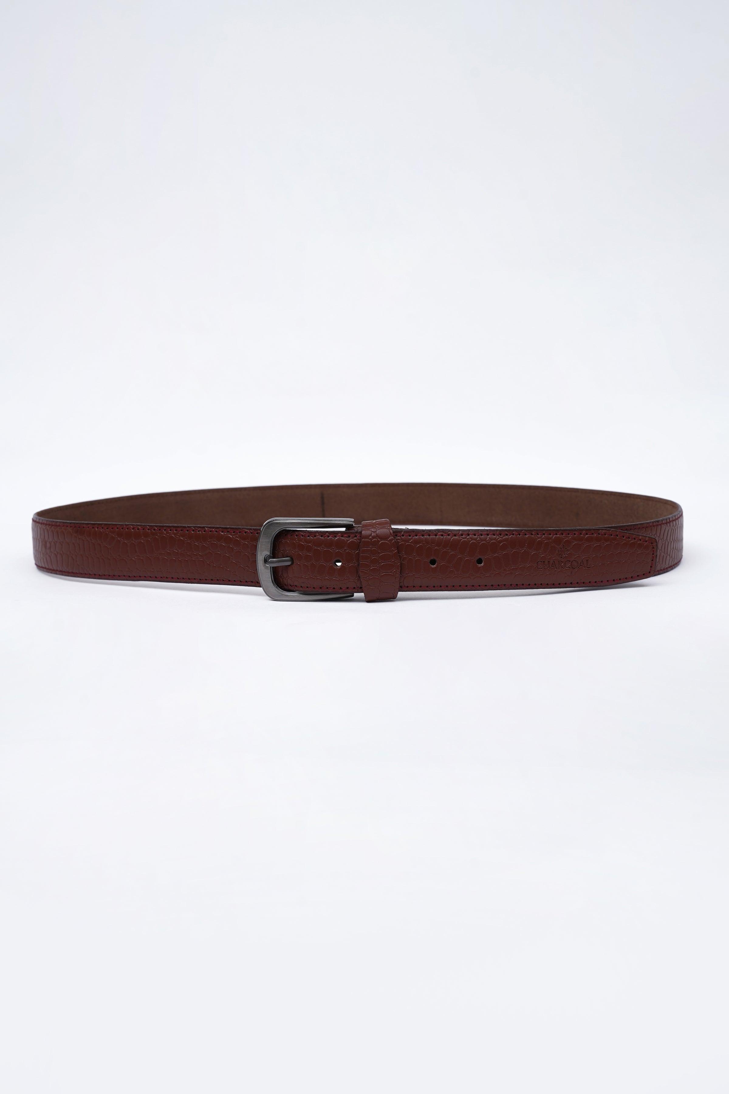 Brown leather belt with rectangular buckle, smooth strap and stitched edge
