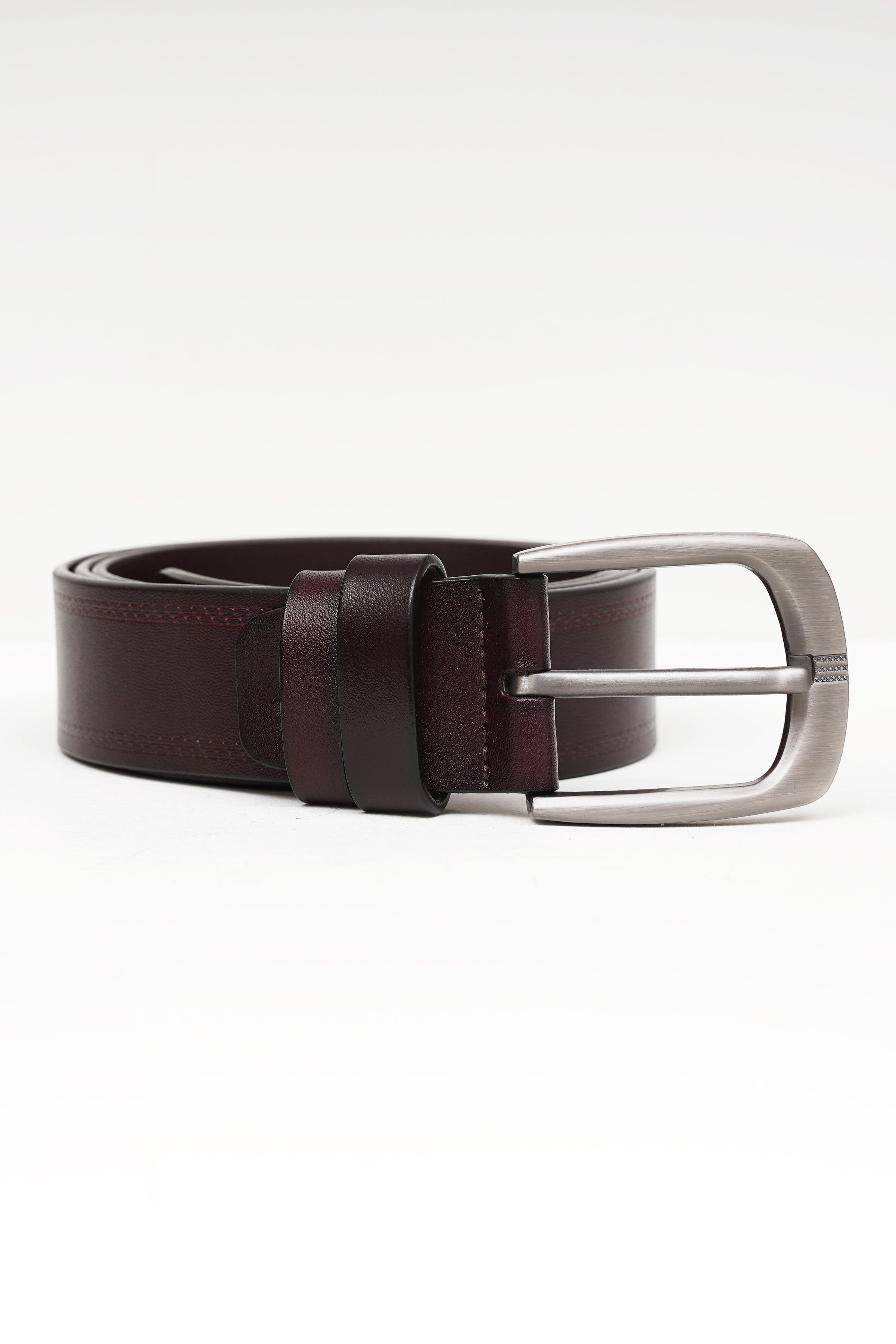 Dark brown leather formal belt with silver-tone buckle and belt holes