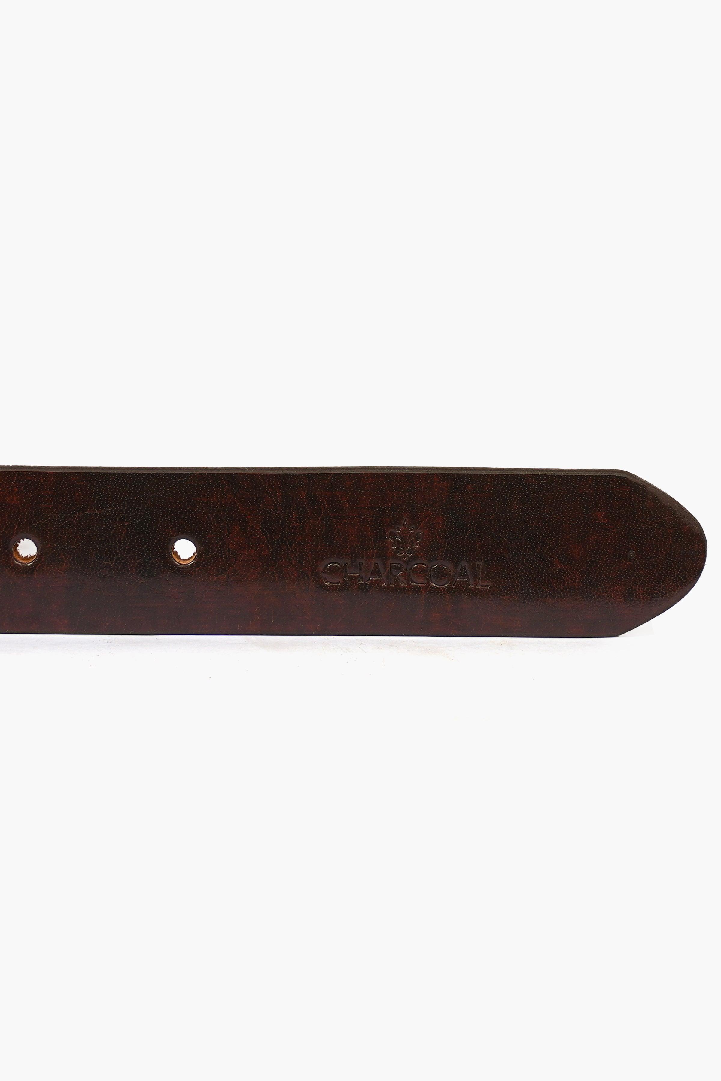 Brown leather belt strap with embossed logo and two rivets