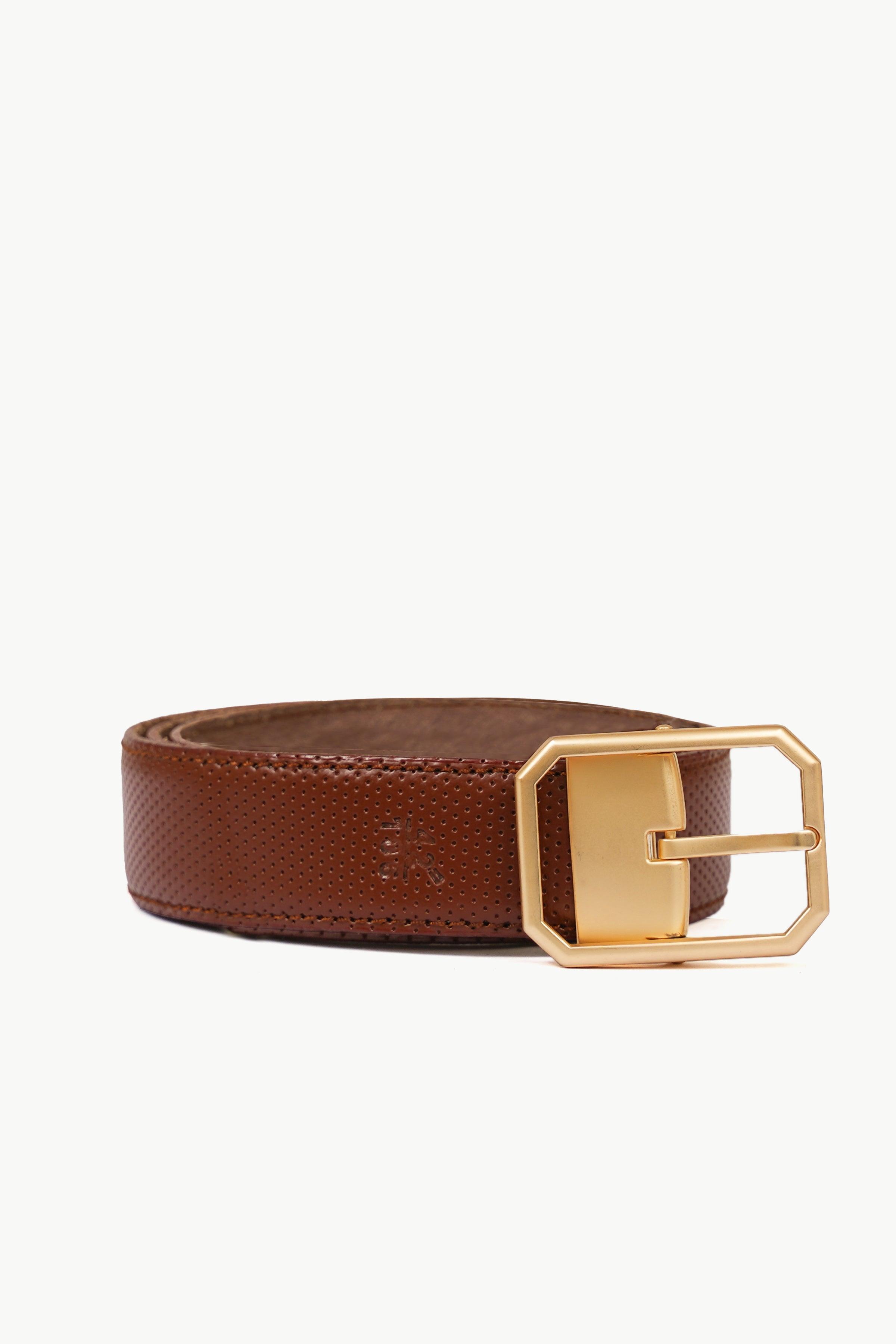 Brown leather belt with gold buckle and keeper tab