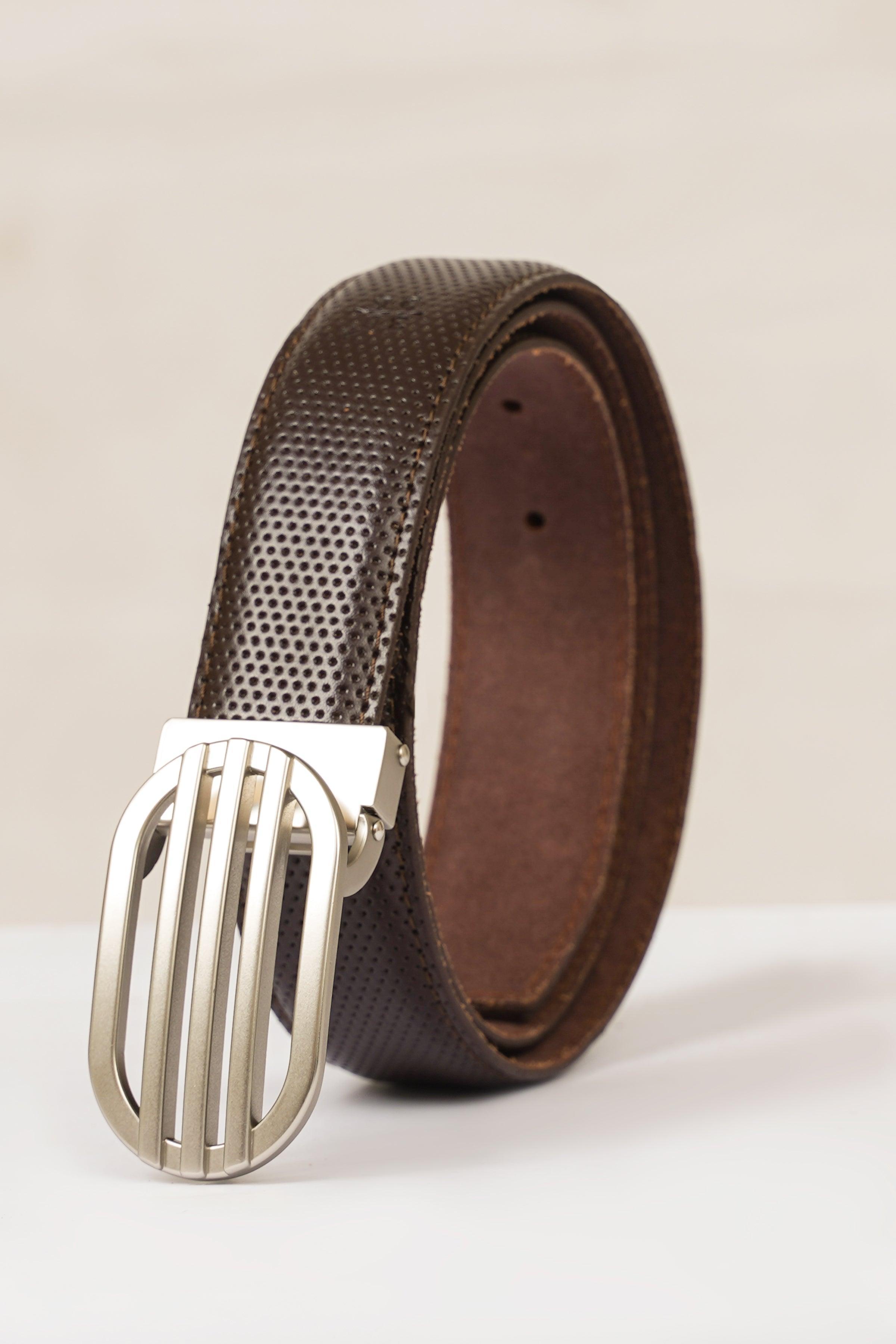 Dark brown leather-look belt with silver ribbed buckle and stitched edge