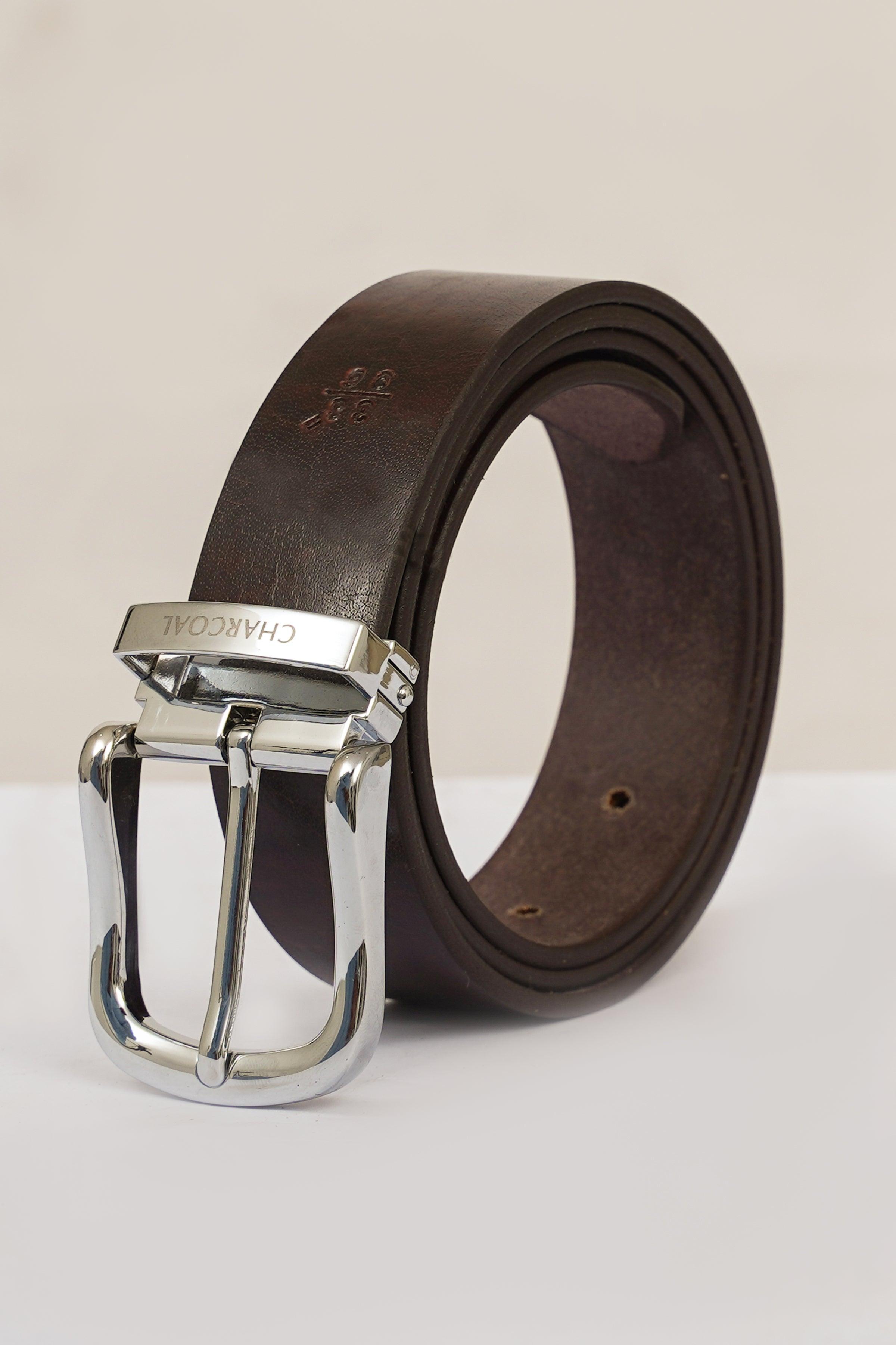 Brown leather formal belt with silver-tone buckle and keeper, flat metal frame