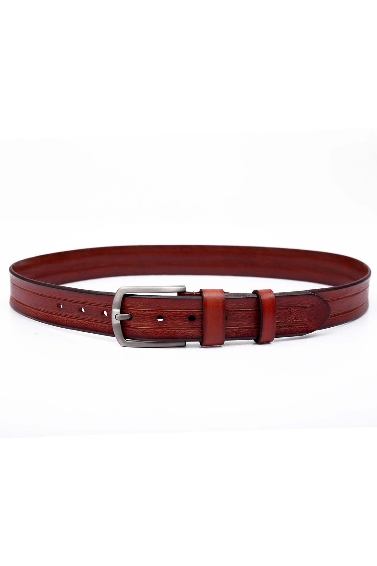 Formal belt laid flat, brown leather with silver buckle and stitched keeper