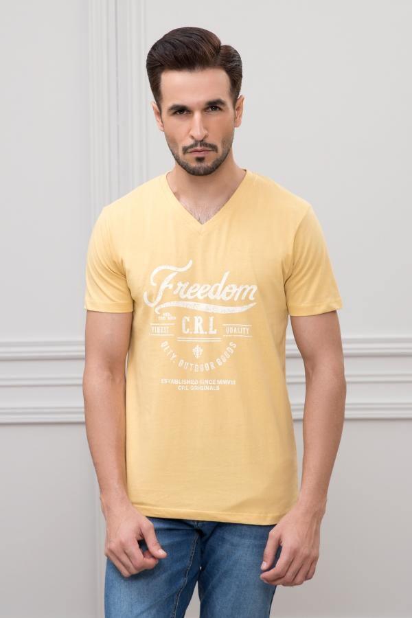 Mustard V-neck graphic T-shirt with 'Freedom' print on front