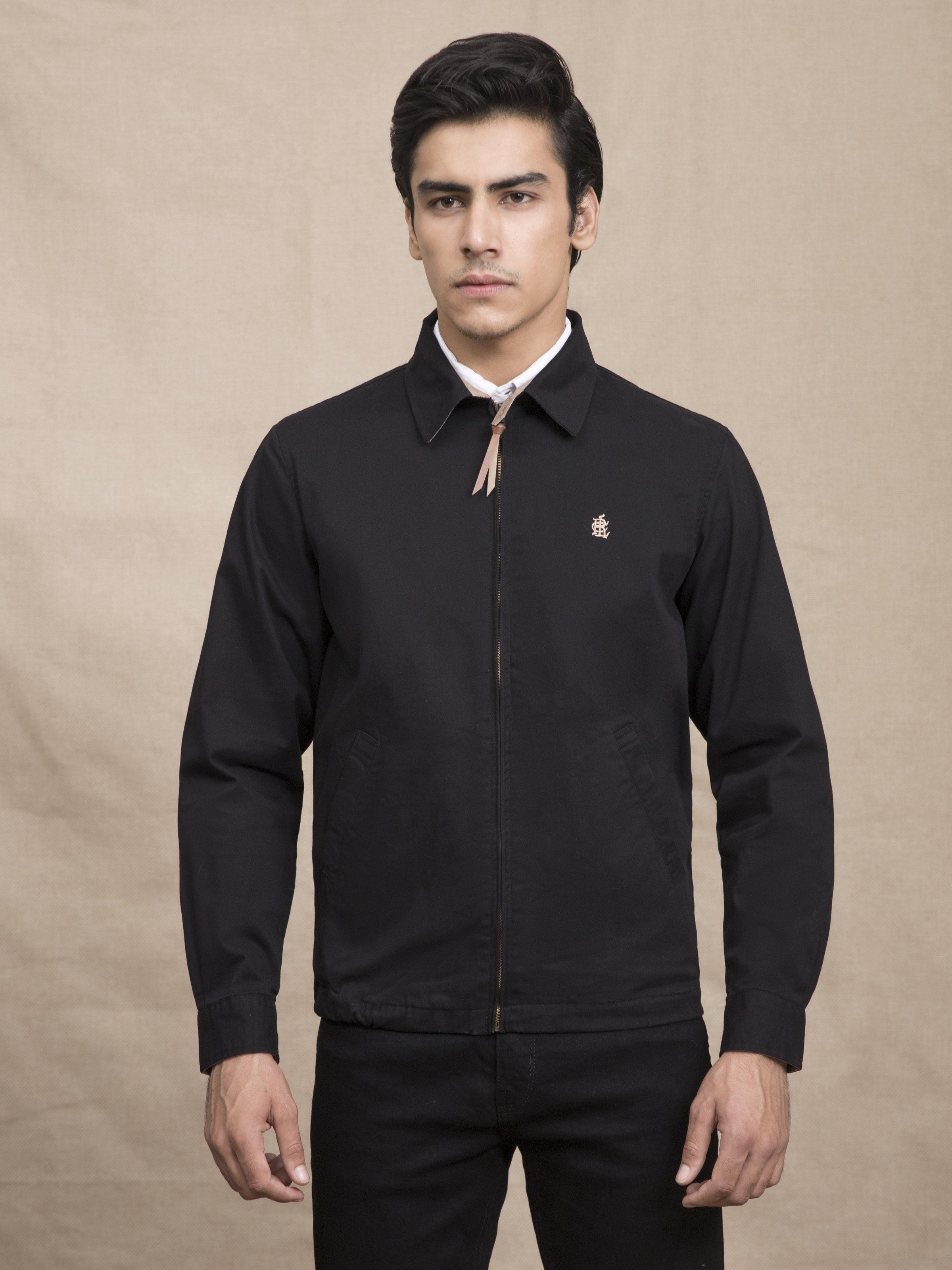 FULL SLEEVE COLLAR BLACK JACKET at Charcoal Clothing