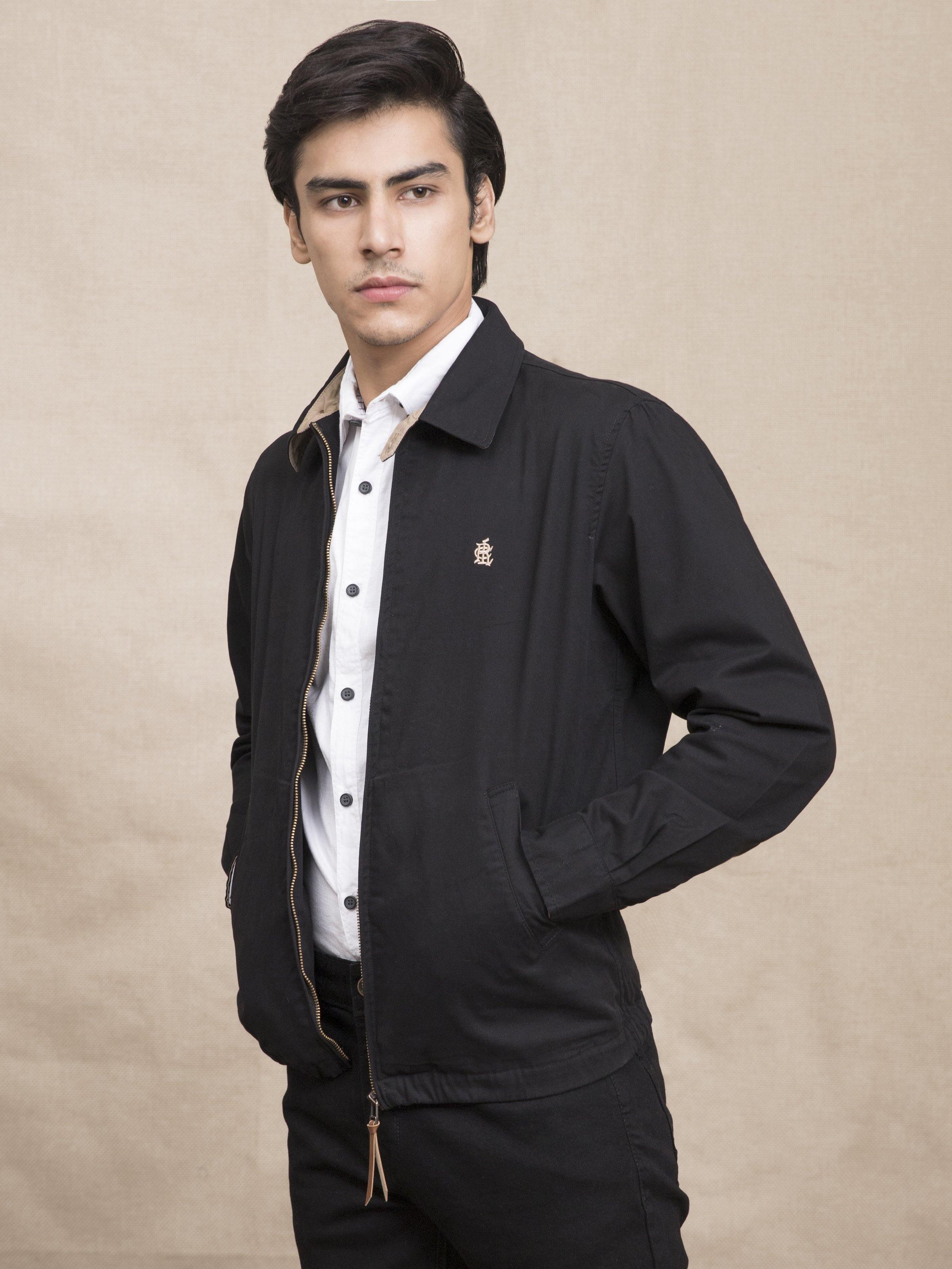 FULL SLEEVE COLLAR BLACK JACKET at Charcoal Clothing