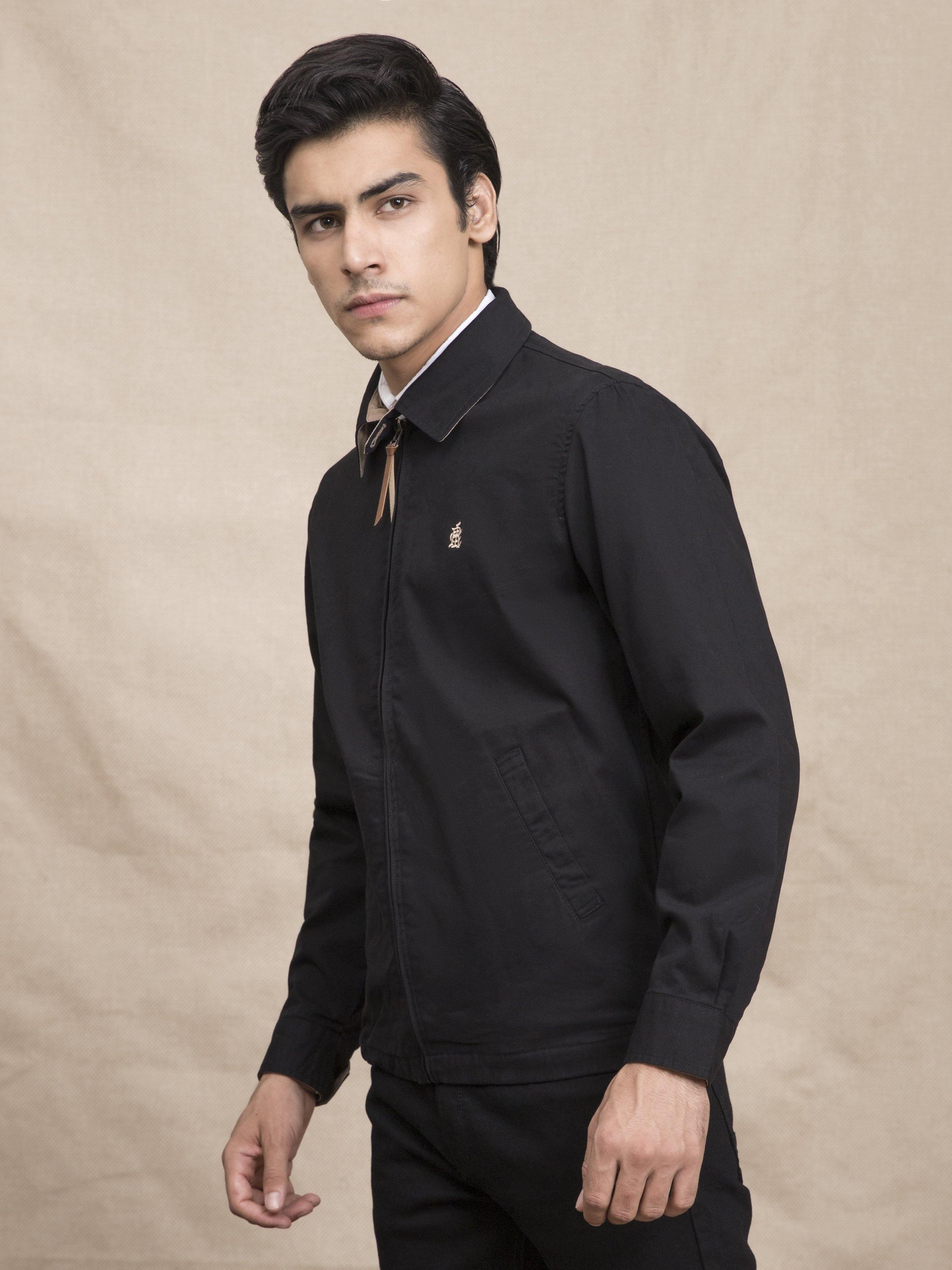 FULL SLEEVE COLLAR BLACK JACKET at Charcoal Clothing