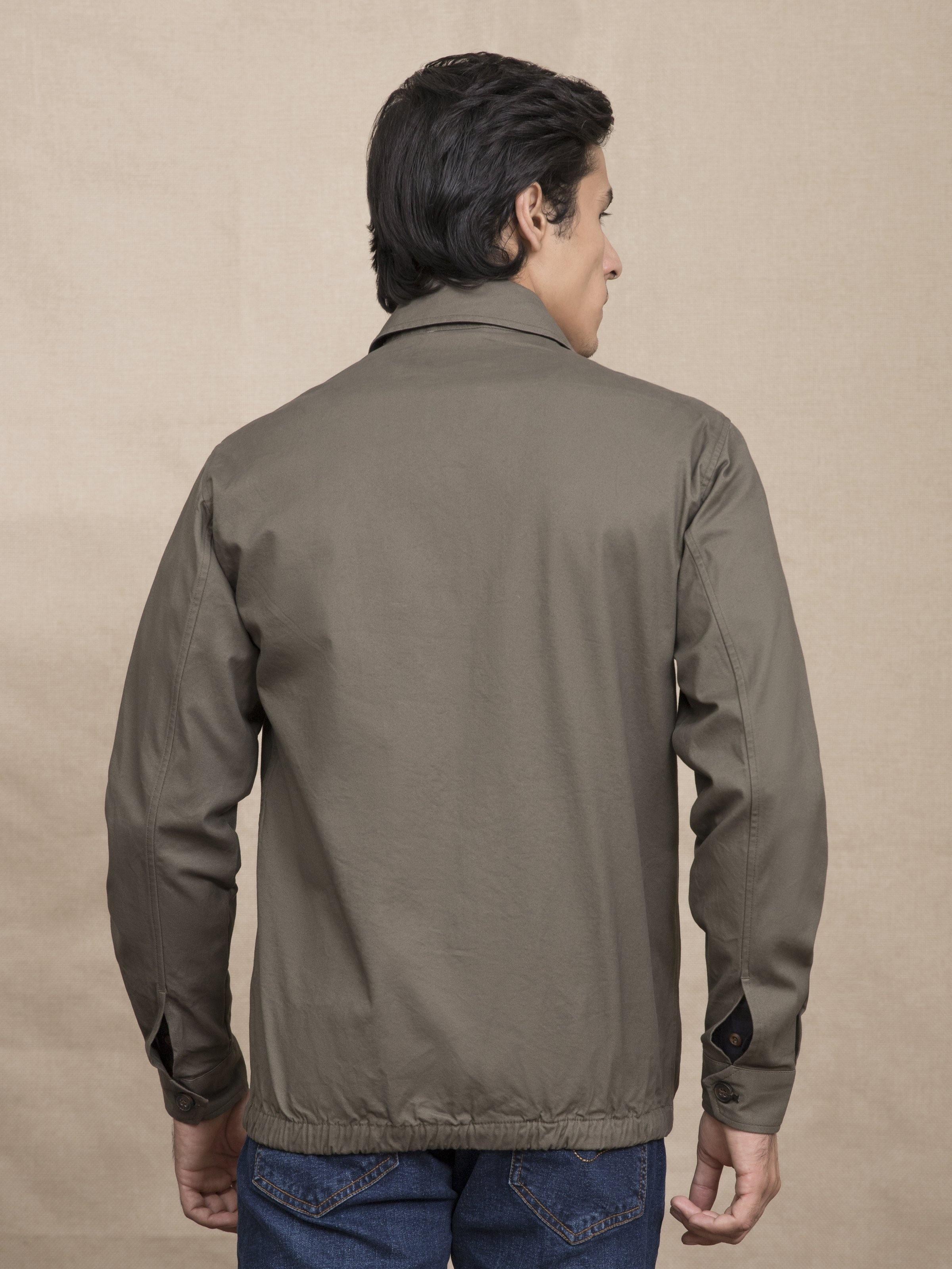 Men's olive jacket back view with collared full sleeves and zip front