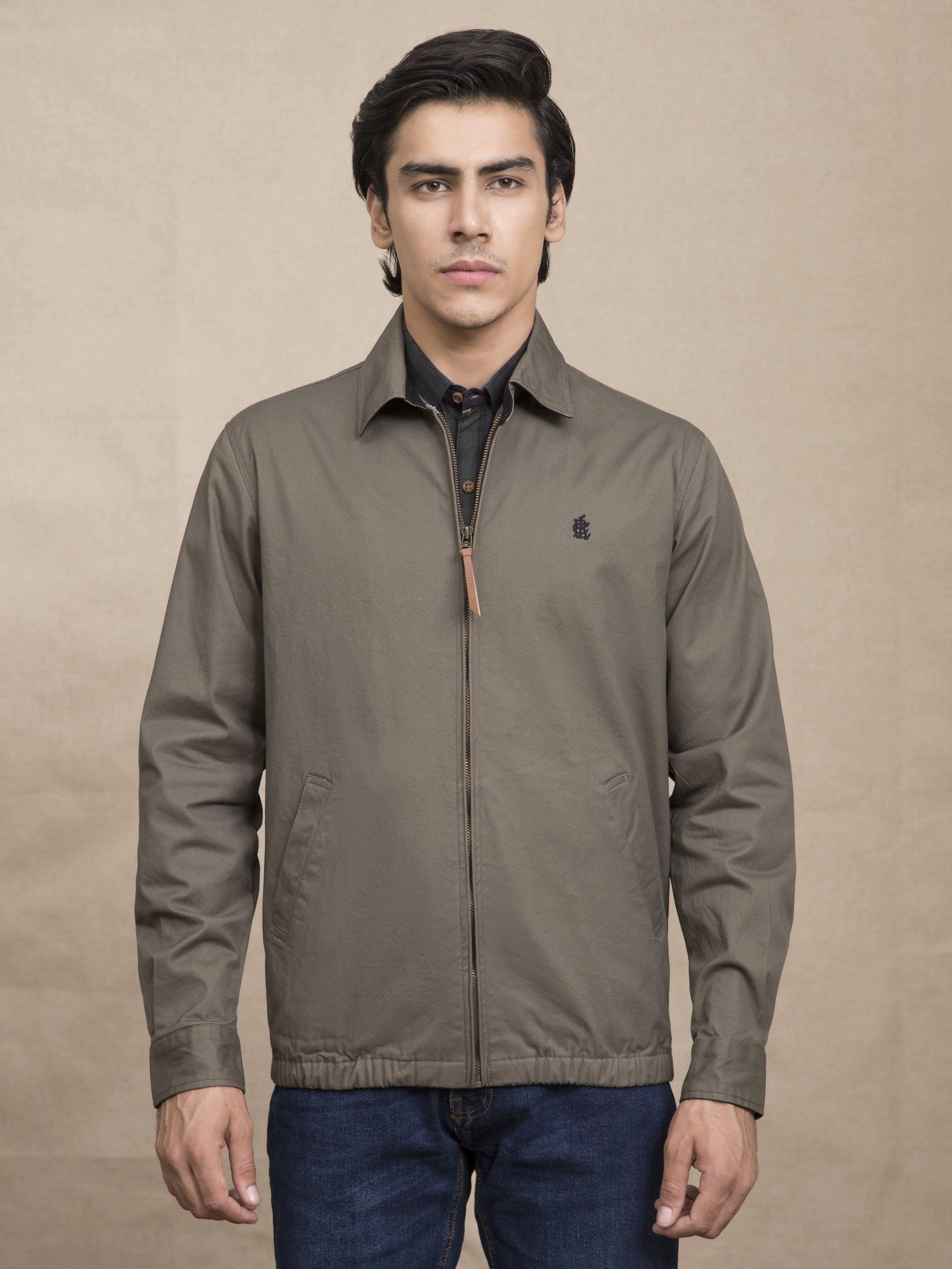 Men's olive full-sleeve zip jacket with collared neckline and front pockets