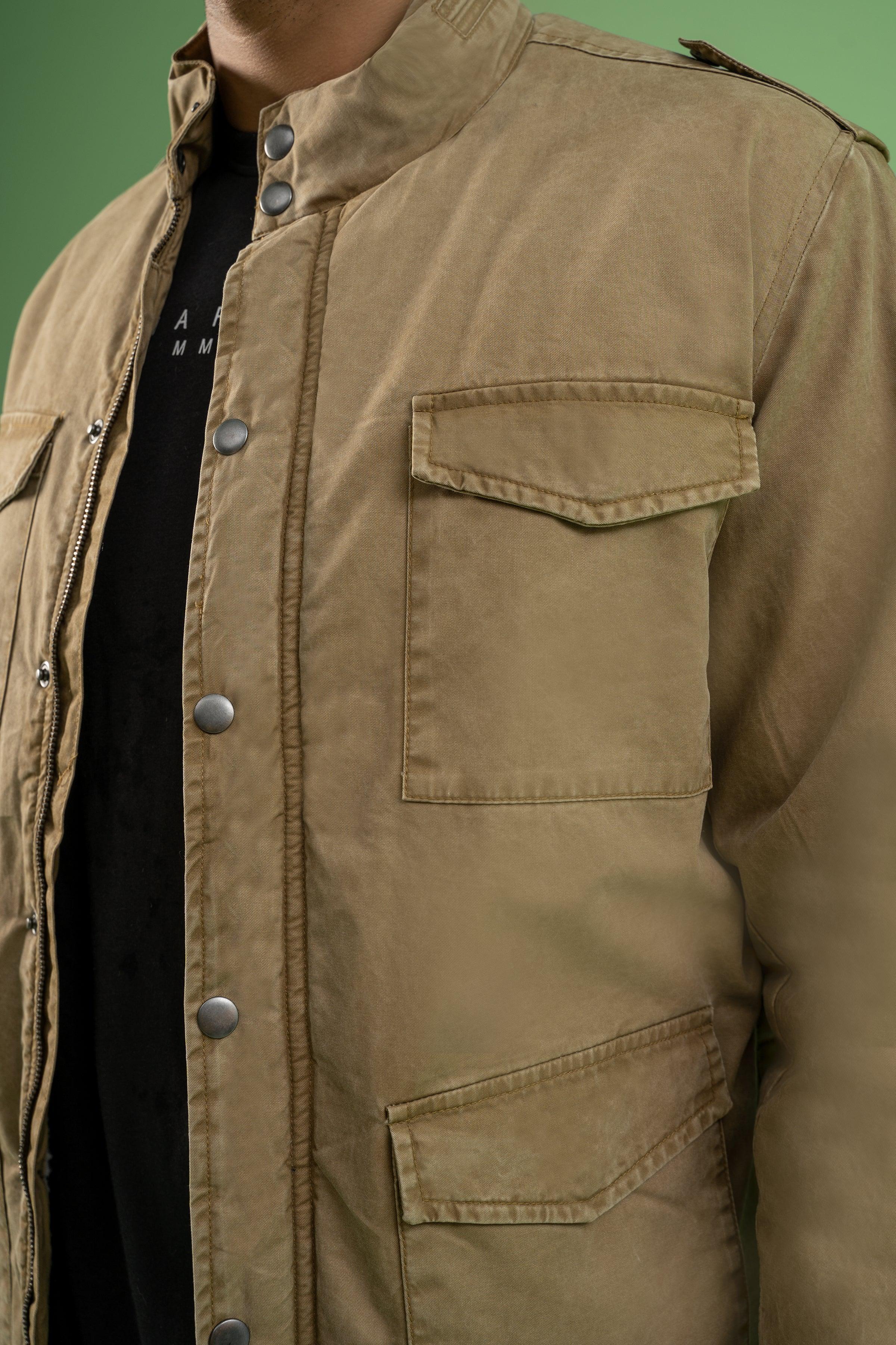 FULL SLEEVE ENZYME WASHED FIELD JACKET DARK KHAKI at Charcoal Clothing