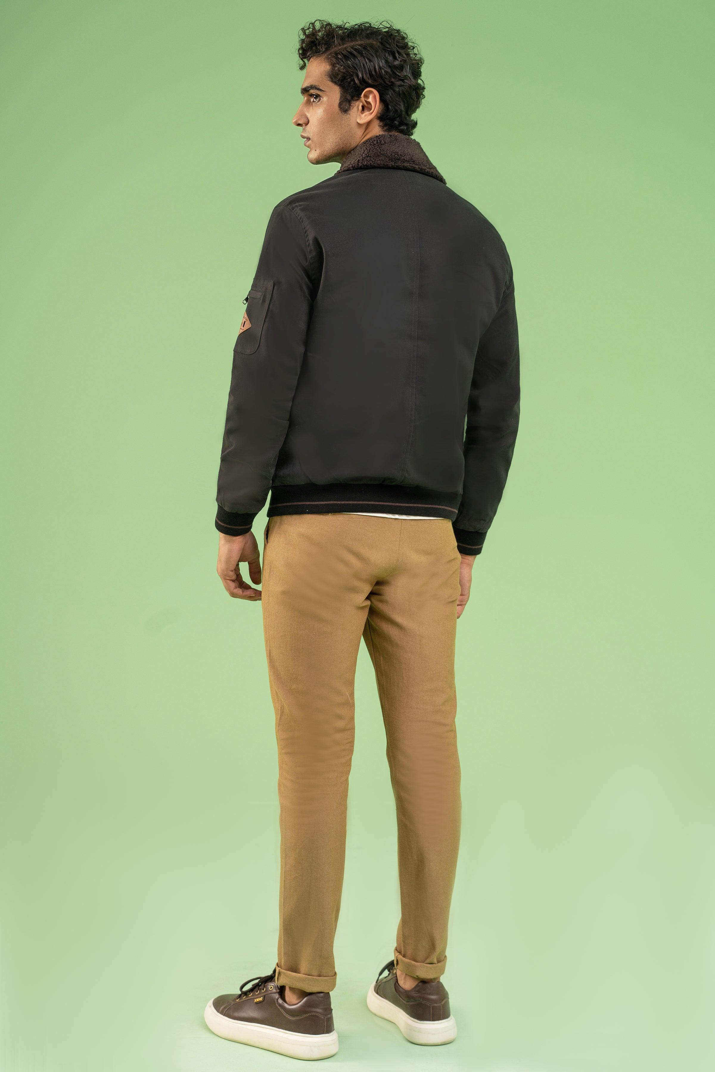 FULL SLEEVE FUR COLLAR COTTON JACKET BLACK at Charcoal Clothing