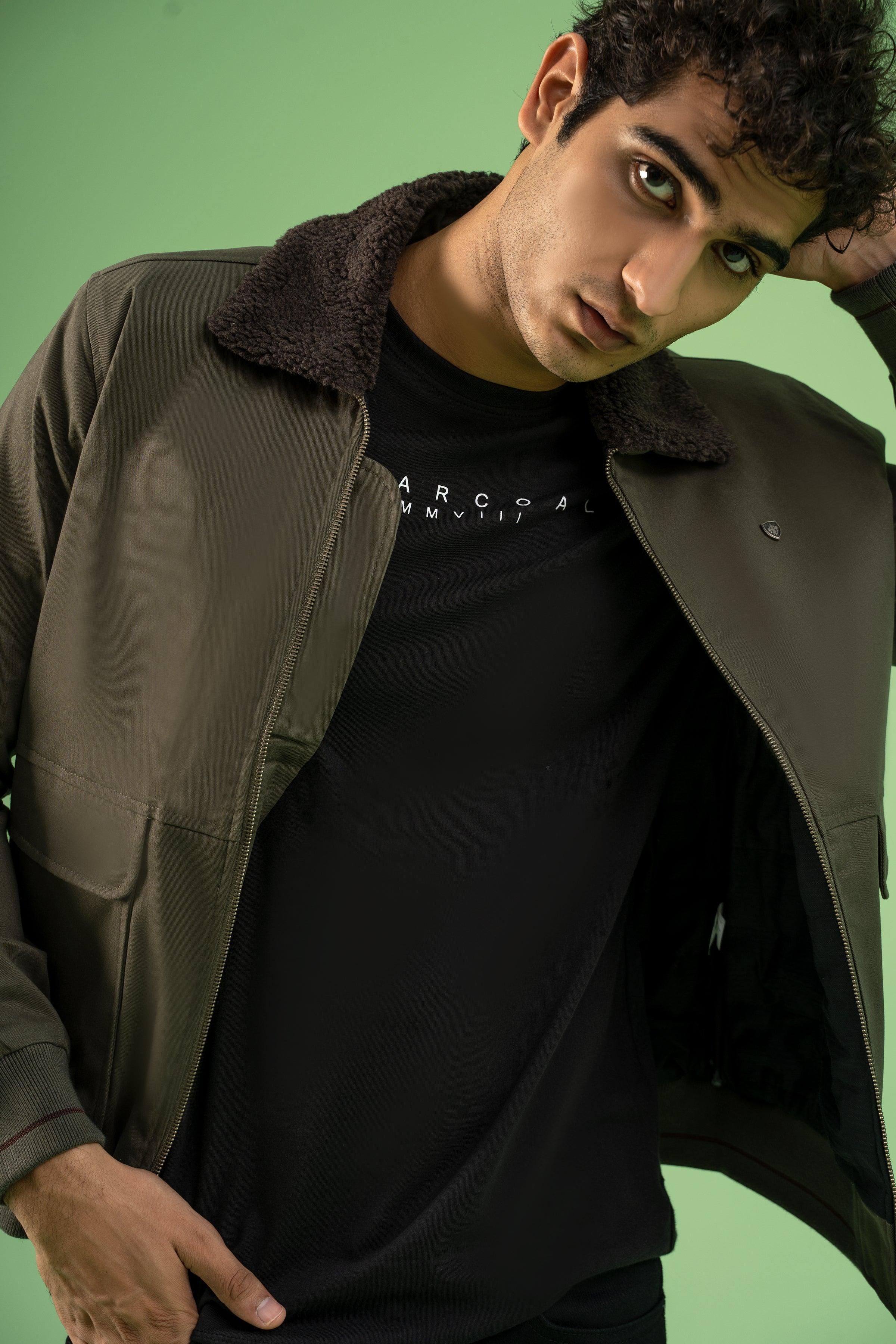 Dark olive cotton jacket close-up with dark fur collar and front zipper
