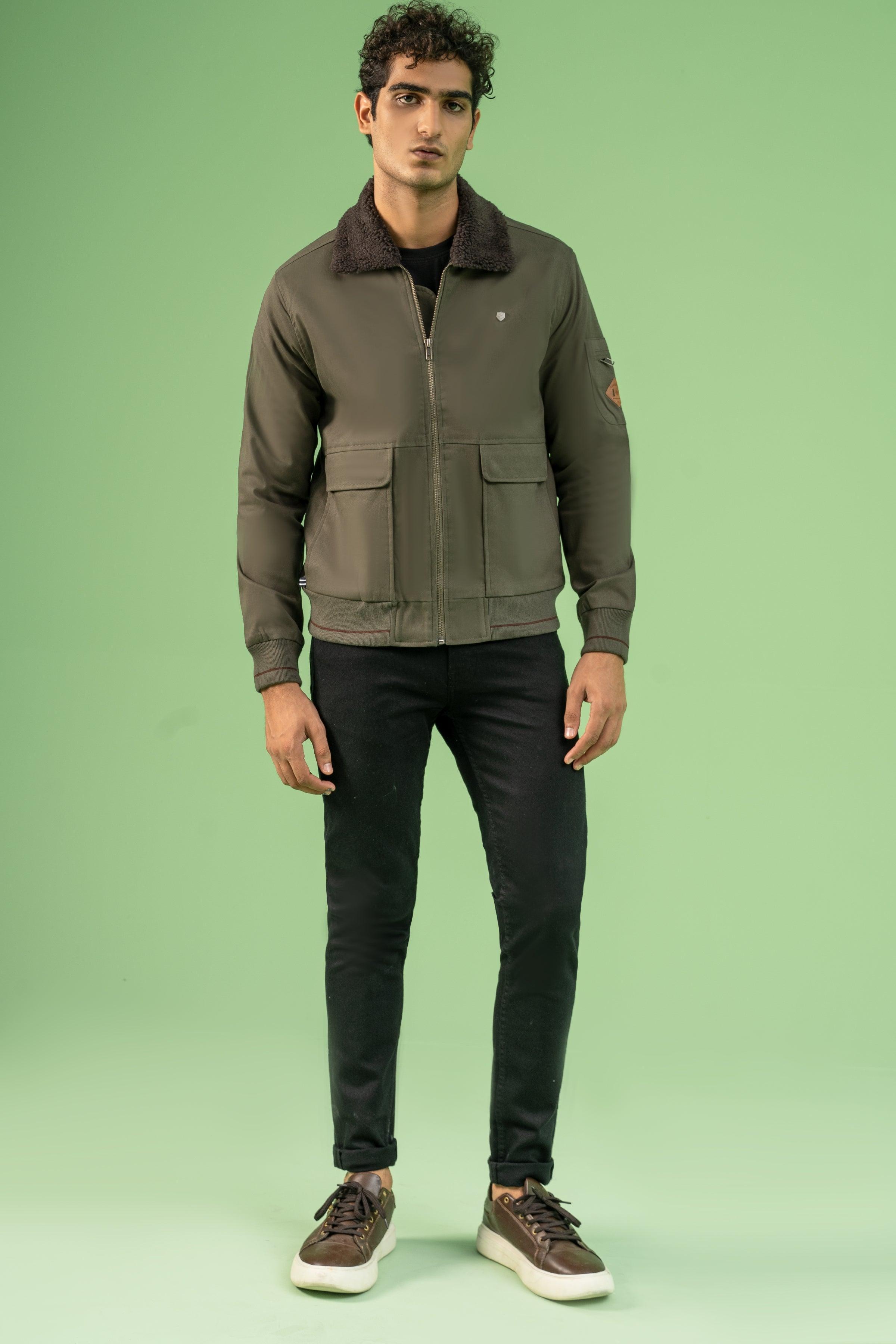 FULL SLEEVE FUR COLLAR COTTON JACKET DARK OLIVE at Charcoal Clothing